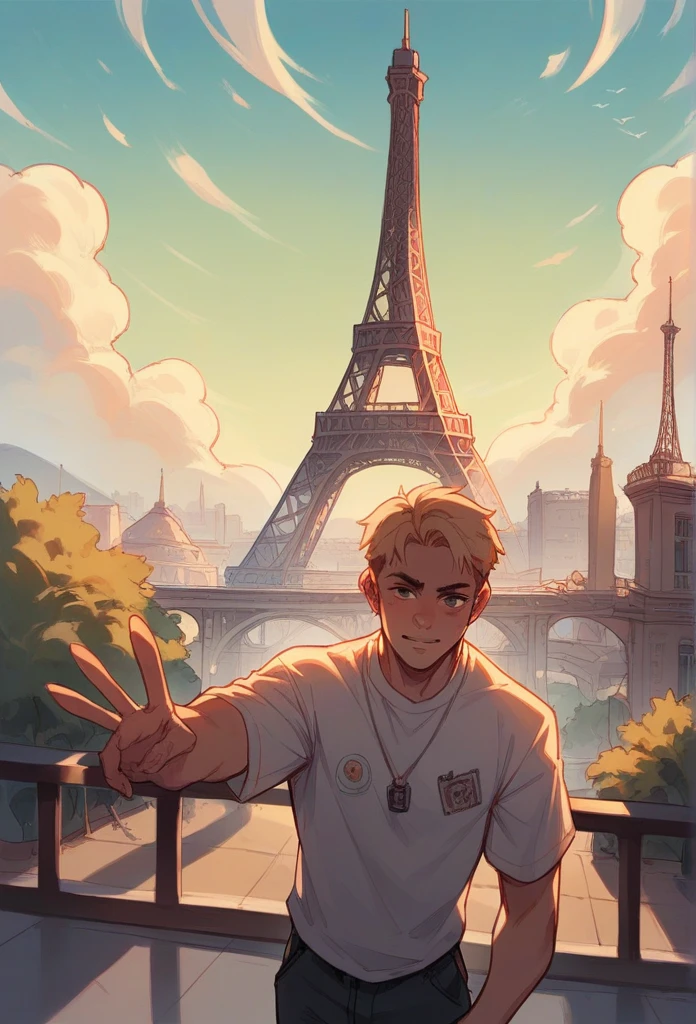 One girl standing behind the Eiffel Tower with a camera taking a selfie in the afternoon
