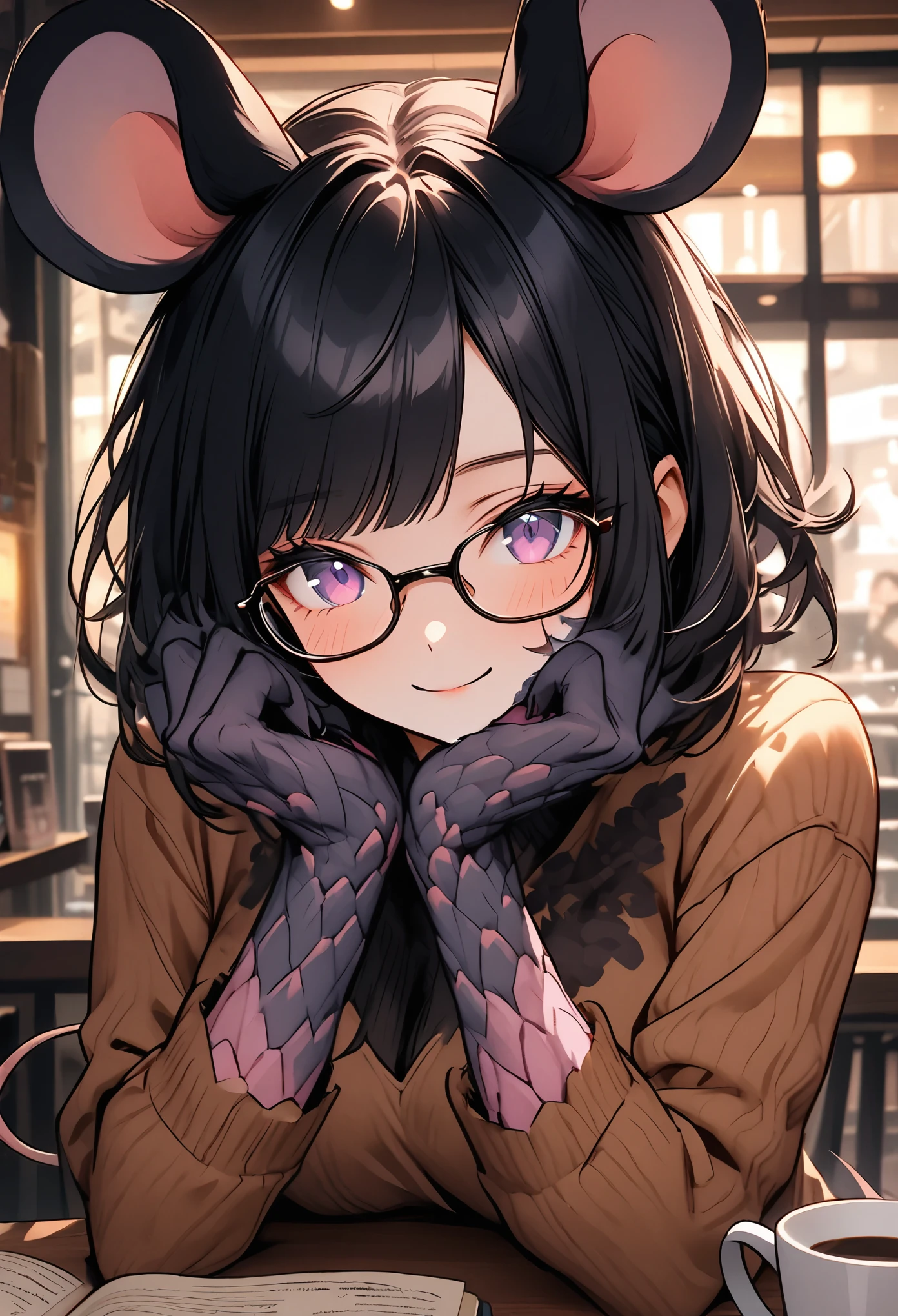 scaly hands, pink skin, black fur sleeves