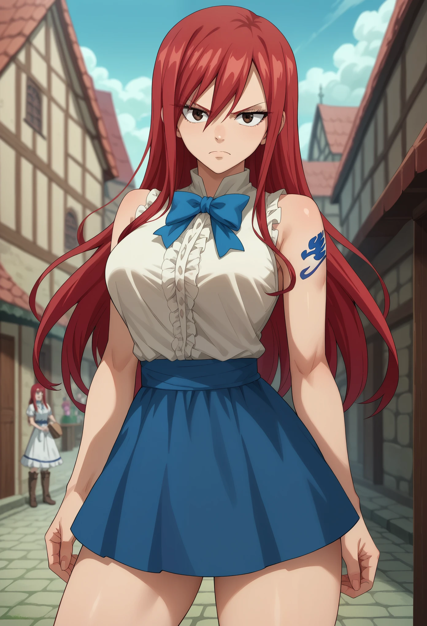 score_9, score_8_up, score_7_up, 1girl, solo, erza scarlet, long hair, red hair, hair between eyes, brown eyes, skirt, shirt, bow, boots, sleeveless, sleeveless shirt, tattoo, white shirt, frills, thighs, long boots, surprisded face, spelle flouting, pink aura, aura around body, serious face, standing, looking at you, medieval village