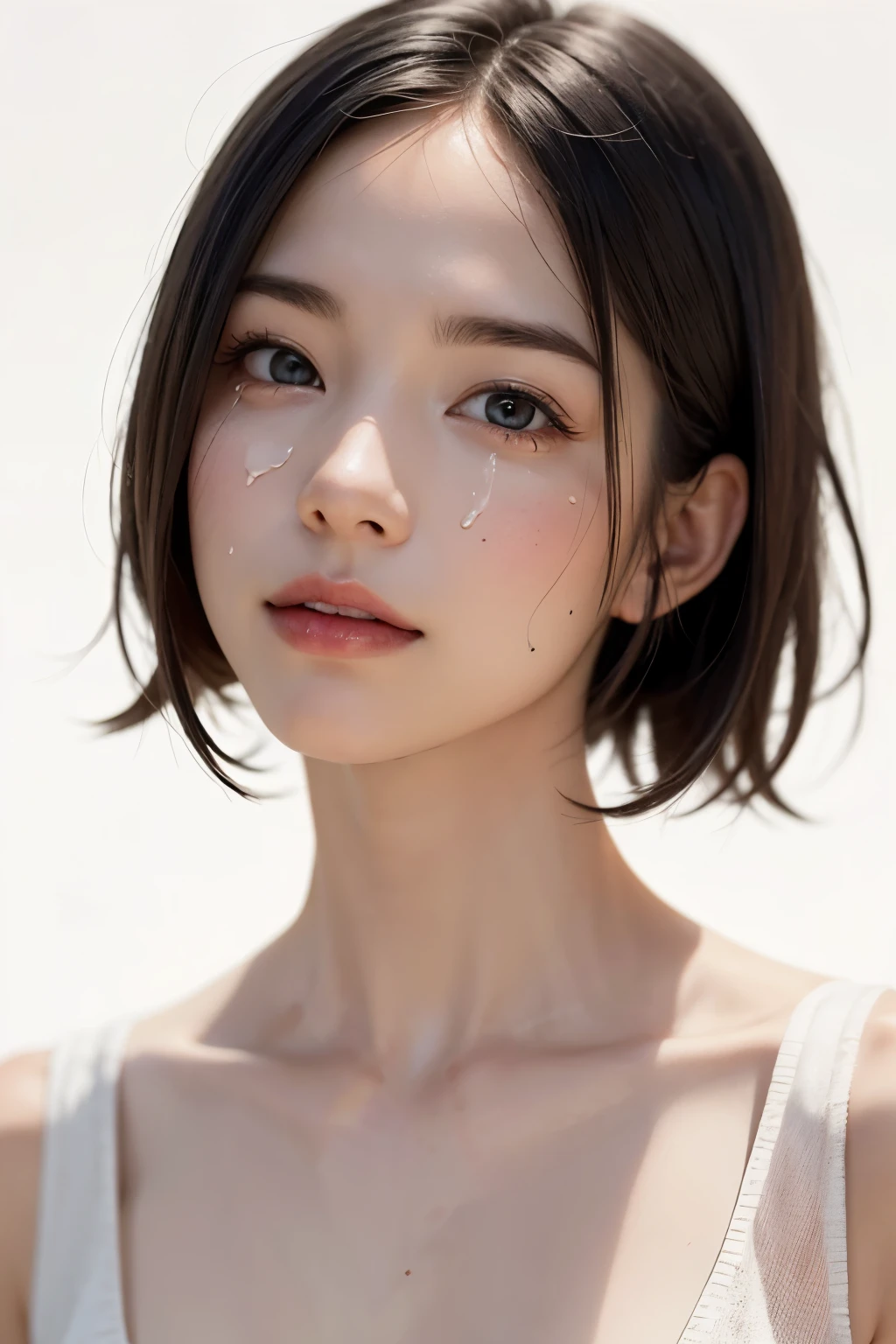 ((Highest quality, 8K, masterpiece :1.3)), Sharp focus :1.2, Beautiful woman with perfect figure :1.4, Slim Abs :1.2, ((Layered Haircut, Big Breasts :1.2)), (Wet white button-up long shirt :1.1), (rain, street:1.2), Wet body :1.5, Highly detailed face and skin texture, Fine grain, double eyelid