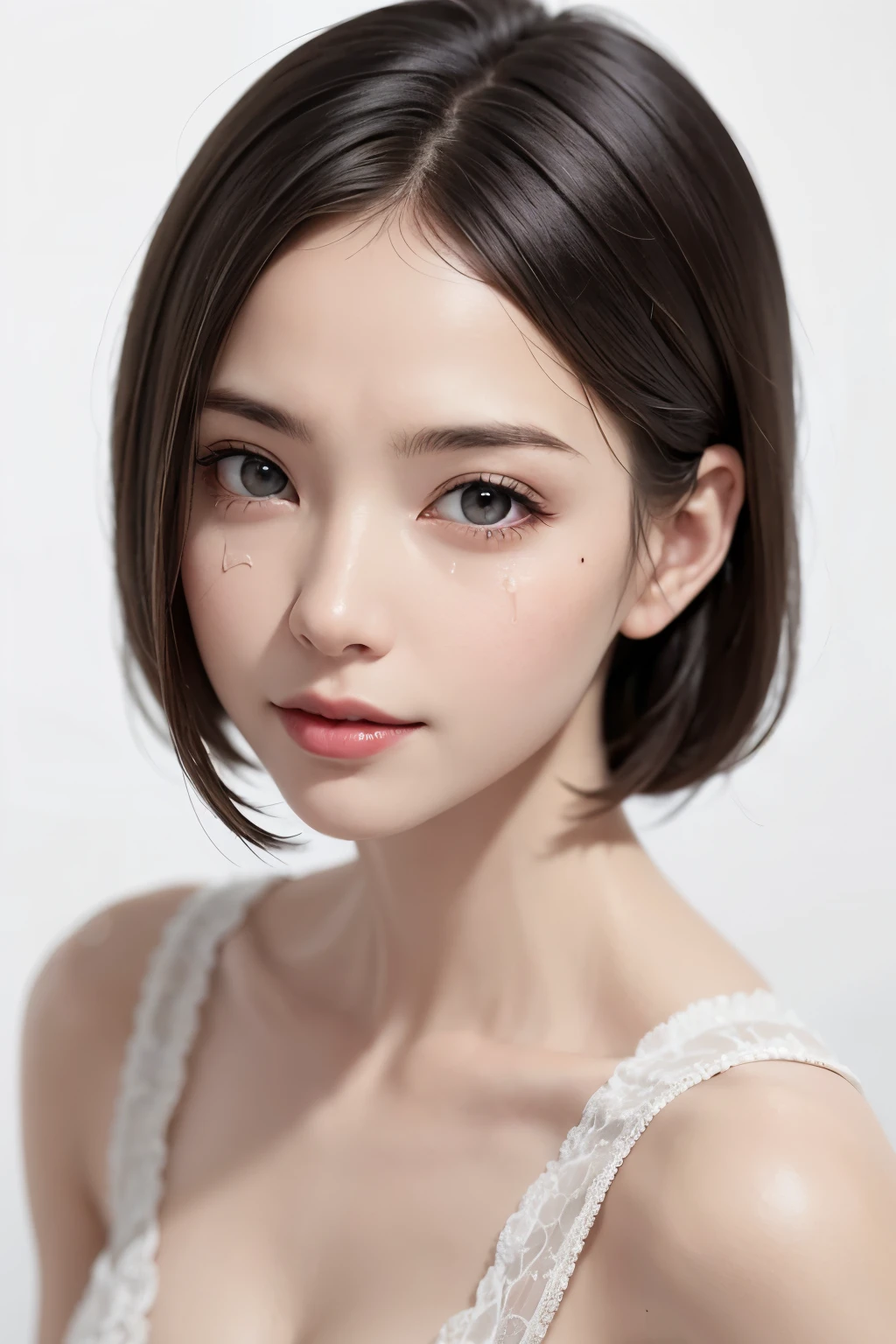 ((masterpiece, Highest quality, High resolution、Everything is beautifully detailed)), One Girl, (Realistic: 1.4), alone, White Background, snow-White Background, ((From above, A little above, look up at the viewer, look up, look up at the camera, Looking into the camera)), Mouth closed, smile, smile, smile, Beautiful black hair, bangsのあるショートヘア, Short Hair:1.6、Big eyes, Transparent double eyelids, eyelash, Listen carefully, Beautiful long neck, Absolute area, (Draw the whole head, shoulder), 19 years old, Attractive proportions, Glowing Skin, Beautiful clavicle, Golden ratio face, Perfect Face, Tearful mole, chestのほくろ, bangs, clean bangs, Lip gloss, Thin lips, Fair skin, naked, Big Breasts, Small face, Small face, Draw the whole head, draw all shoulder,Huge chest. Great chest、{huge|big|hugeな|Mega} chest, chestの谷間