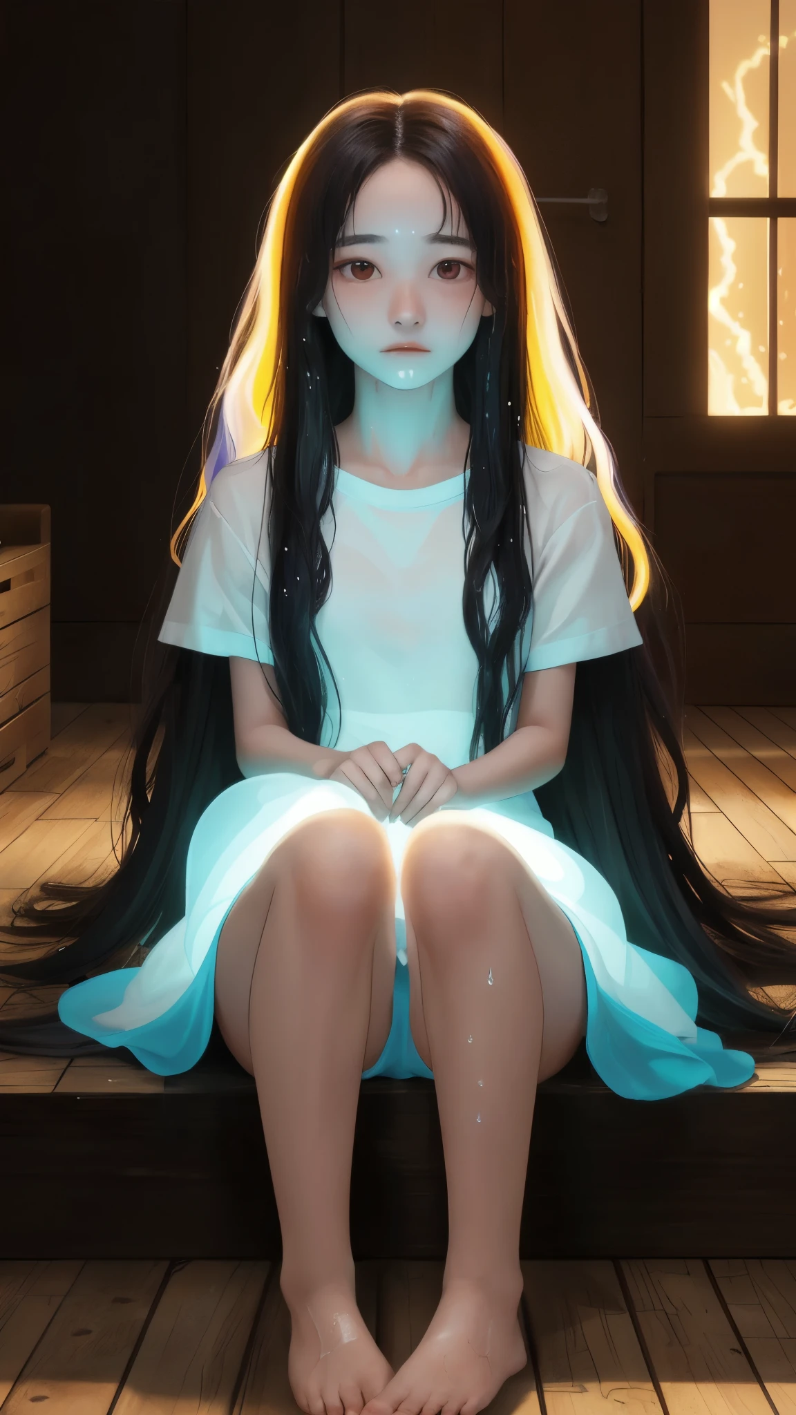 (Highest quality:1.4), (Absurd:1.4), (View your viewers:1.2), (Living Skin:1.2), (Glowing Skin:1.4), (Very long hair), (Lady), (Cinematic:1.3), (Very long hair), No bangs, (night:1.2), (Pale skin:1.1), (darkness), (Classic),
tight medium shot, barefoot,
Just sit back, (Cinematic lighting:1.2), Small breasts,
curious face, (tight)_Short sleeve,
Two-tone hair, Natural Waves,
Wet clothes,
indoor, (Colorful Themes),