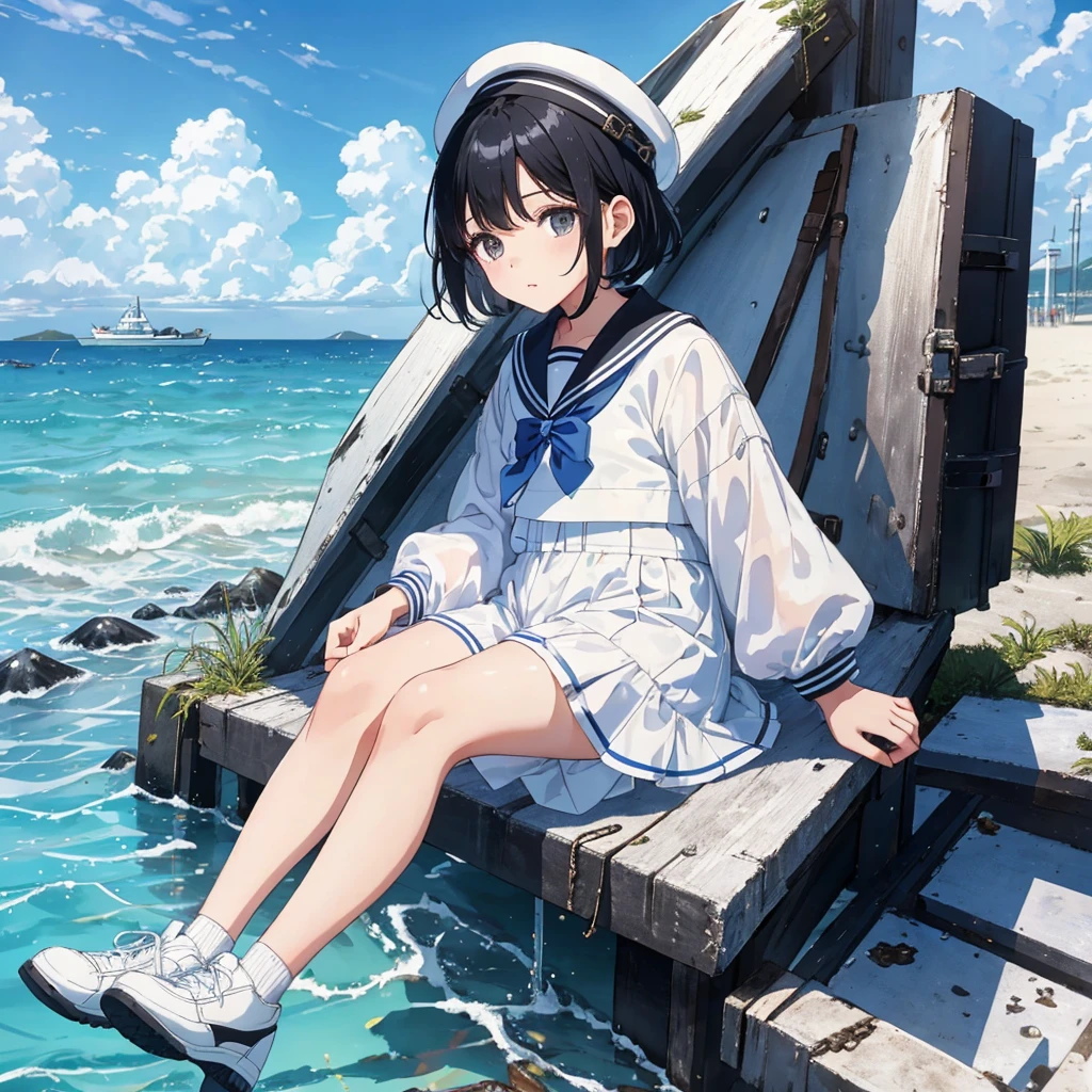 Highest quality, 8-year-old, Short black hair, iris, White translucent sailor suit, Blue clothes, (White thighs), Black shoes, blue sky,  View your audience, Seaside