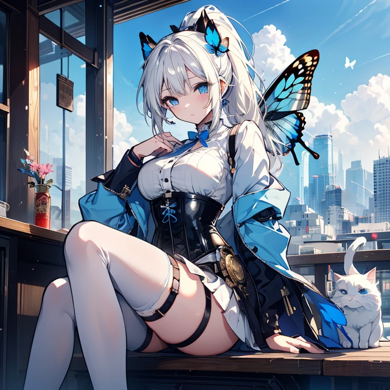 1 girl、Mature、Ample breasts、ponytail、ハイponytail、White Hair、Light blue eyes、steampunk outfit、sit、Miniskirt、窓辺にsit、Holding a white cat、corset、Blue Butterfly、blue sky、Sky City、Steampunk city、High resolution、Highest quality