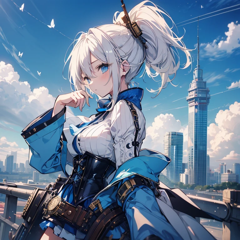 1 girl、Mature、Ample breasts、ponytail、ハイponytail、White Hair、Light blue eyes、steampunk outfit、sit、Miniskirt、窓辺にsit、Holding a white cat、corset、Blue Butterfly、blue sky、Sky City、Steampunk city、High resolution、Highest quality