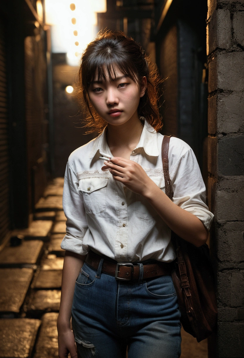 (Realistic:1.3), In detail, quality, Rembrandt Lighting, (masterpiece:1.2), (photoRealistic:1.2), (best quality), (Detailed skin:1.3), (Intricate details), dramatic, Ray Tracing, One girl, Japanese Girls, 21 years old, Detailed skin texture, (blush:0.5), (It gives me goosebumps:0.5), Scattered beneath the surface, Expressionless, Medium chest, bangs, Hair between the eyes, shirt, jeans, (Leaning against a wall:1.1), Cowboy Shot, Profile photo, cigarette, Glowing cigarette,   (Outdoor, dirty, garbage,, (Dark Alley, night, Dark Environment:1.1)), 