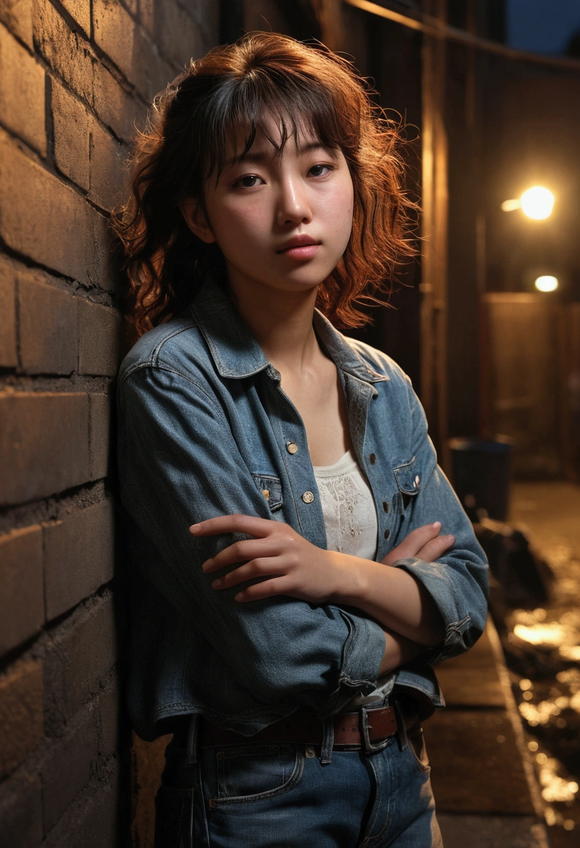 (Realistic:1.3), In detail, quality, Rembrandt Lighting, (masterpiece:1.2), (photoRealistic:1.2), (best quality), (Detailed skin:1.3), (Intricate details), dramatic, Ray Tracing, One girl, Japanese Girls, 21 years old, Detailed skin texture, (blush:0.5), (It gives me goosebumps:0.5), Scattered beneath the surface, Expressionless, Medium chest, bangs, Hair between the eyes, shirt, jeans, (Leaning against a wall:1.1), Cowboy Shot, Profile photo, cigarette, Glowing cigarette, (Outdoor, dirty, garbage,, (Dark Alley, night, Dark Environment:1.1)),
