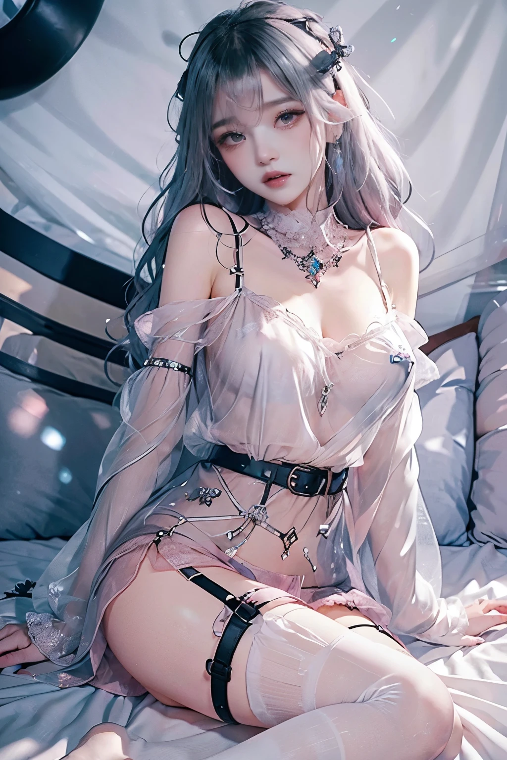 ((Lingerie model, kpop)), zoom, masterpiece, Highest quality, High resolution, chubby, One Girl, jewelry, Single knee socks, Silver Hair, Hair on one eye, abdomen, Black Skirt, Asymmetrical legwear, ((pink see-through shirt)), No sleeve, Black knee socks, belt, Are standing