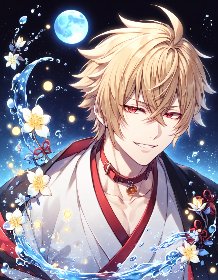 absurdres, highres, ultra detailed, HDR, master piece, Kazama Chikage, honey blonde hair, expressive red eyes, black haori with yellow trimming, white kimono with red trimming, red collar, Hakuouki, man, handsome, best quality, blue moon, flowers, fantasy, magical, solo, water, blue shining fireflies, blue petals, handsome smile, sensual