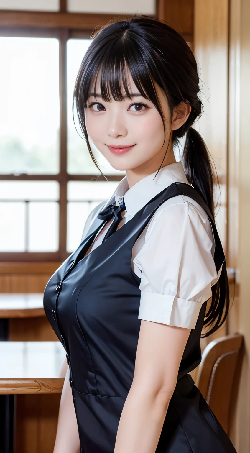 (Highest quality,masterpiece:1.3,Ultra-high resolution,),(Very detailed,Caustics),(Realistic:1.4,RAW shooting,)Ultra-Realistic Capture,Very detailed,High resolution 16K human skin closeup。 Natural skin texture、,pores、、、、It must be detailed enough to be easily identifiable。 Skin tone is even and healthy looking。 Use natural light and colour,restaurant,Waitress Uniform,1 girl,Japanese,18-year-old,cute,Black-haired,ponytail,Big Breasts,smile,Turn your body forward,(Front view:1.1),Looking into the camera,Cowboy Shot,