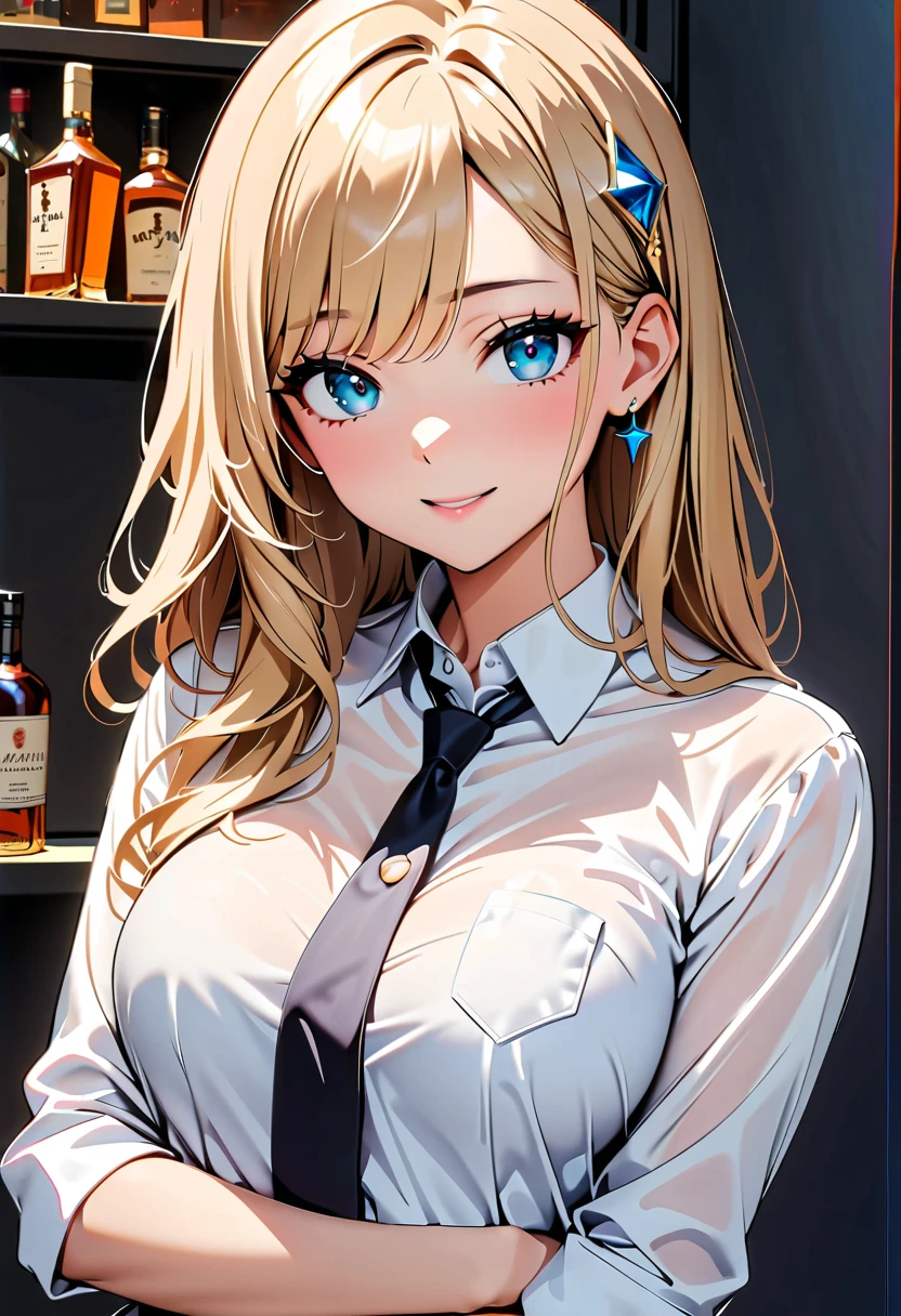 (high quality, 8k, 4k, high contrast, masterpiece:1.2, 最high quality, better aesthetics), ((1 female)), bar, liquor bottle, bartender, Beautiful and detailed eyes and face., An exquisitely crafted hair ornament., real skin glitter, pretty girl, business dress, office dress, きれいに並べられたliquor bottle, luxury label, atmospheric lighting, dark color palette, shoulder length hair, dark brown hair, ((sexy)), beautiful legs, (((no skirt, white panties, lace panties)))