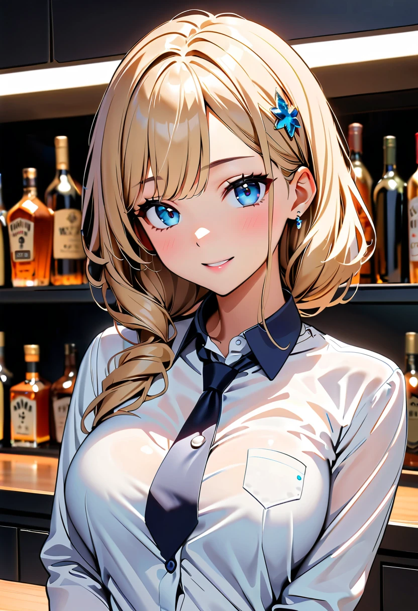 (high quality, 8k, 4k, high contrast, masterpiece:1.2, 最high quality, better aesthetics), ((1 female)), bar, liquor bottle, bartender,  Beautiful and detailed eyes and face., An exquisitely crafted hair ornament., real skin glitter, pretty girl, business dress, office dress, きれいに並べられたliquor bottle, luxury label, atmospheric lighting, dark color palette, shoulder length hair, dark brown hair, ((sexy)), beautiful legs, (((no skirt, white panties, lace panties)))