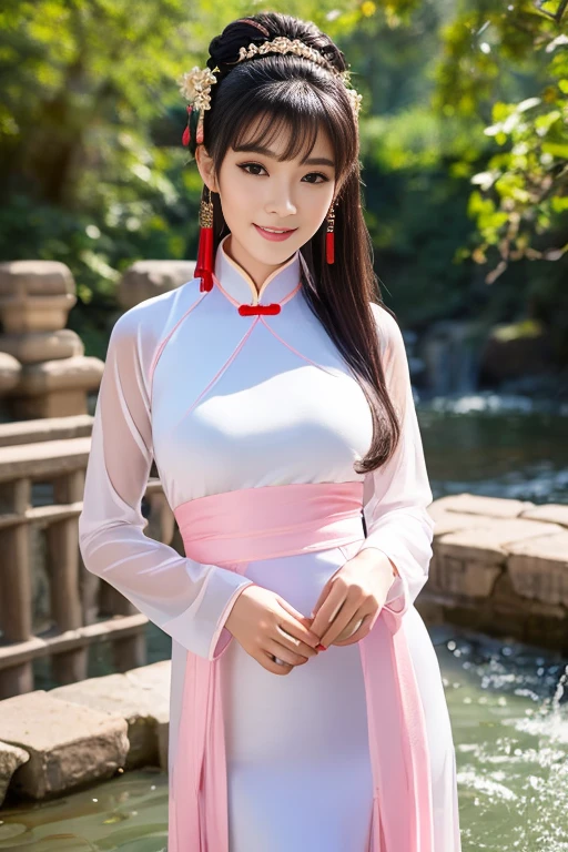(A gorgeous & youthful Chinese lady, fashion model, [[[[closeup cleavage]]]], [[[[boobgasm]]]], [[[[coll]]]], [[[[bshoulders]]]], perfect face, perfect  eyes, Perfect iris，Perfect lips，perfect teeth，Perfect skin, Perfect body anatomy, Ample round bosom, Natural Sunlight, Sun Rays, lens flare, Movie girl, kind smile,


Translucent silky hanfu, Pure white & pink color, ancient Chinese clothing, Elegant Chinese long dress, long sleeves, feminine & graceful, cute princess, hands on hip,


SFW, Outdoors in ancient China，Pavilions，small bridges，flowing water，waterfall，Forest，HDR, 4K Ultra HD, Ultra-high resolution, (Photorealistic: 1.4), Best quality，Masterpiece，Ultra dilution，（pastel colour：1.2）)