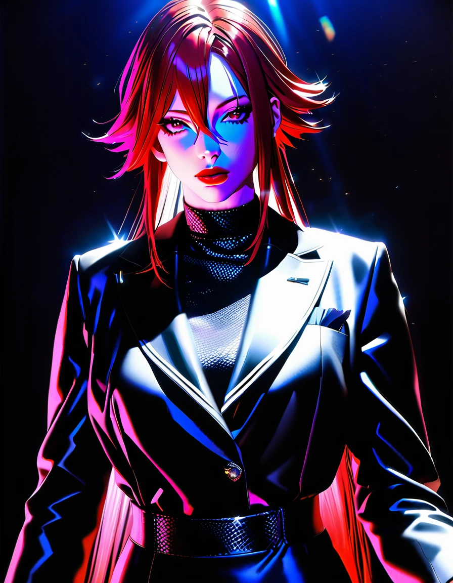 (sysdeep_rias), Rias Gremory, beautiful curvy woman with long red hair wearing tight black suit, stylish, fashion, mature face, highly detailed, photorealistic, 8k, hyperrealistic, realistic lighting, dramatic lighting, 37 years old
