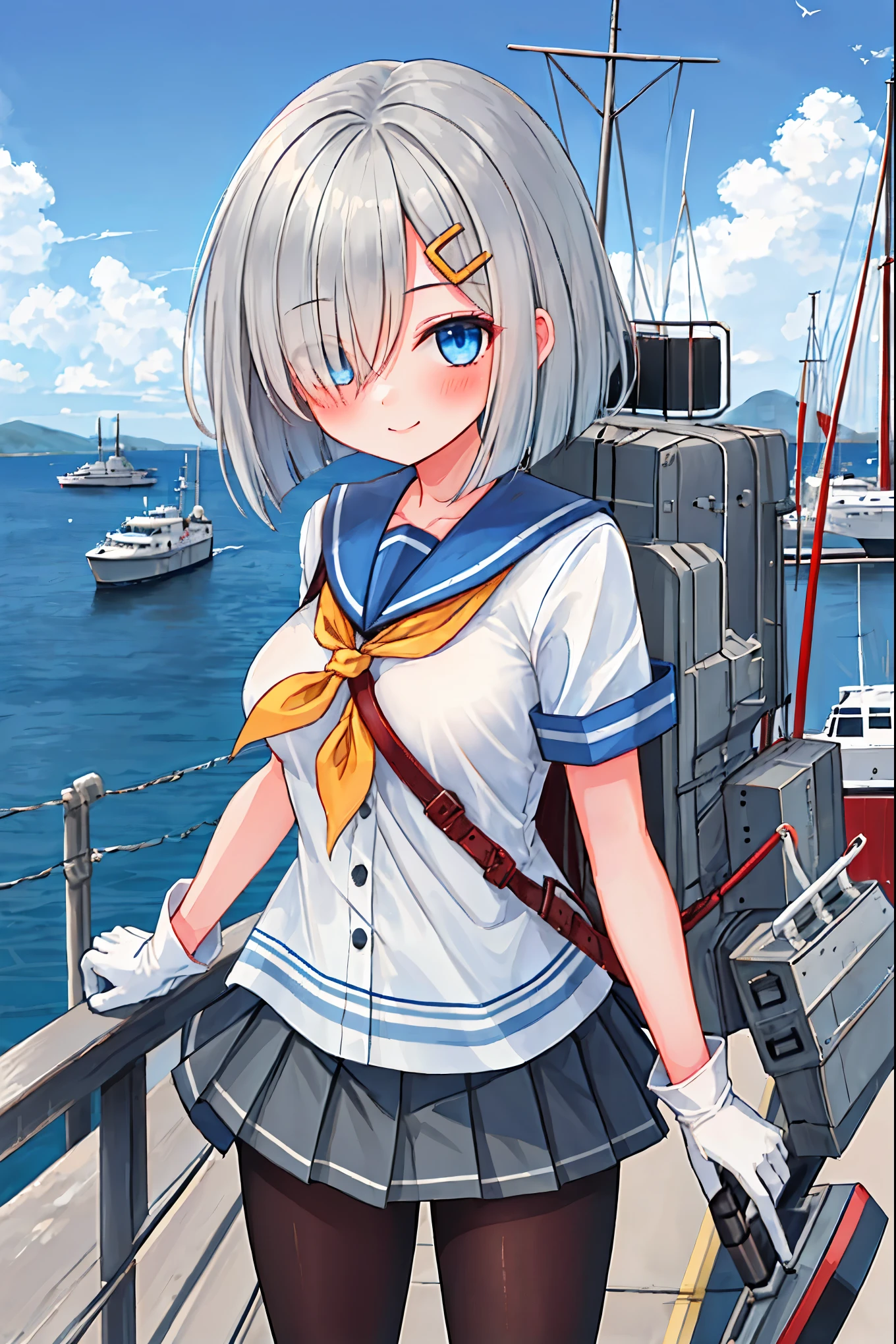 best quality, masterpiece, highres, solo, {hamakaze_kantaicollection:0.90}, 1girl, black_pantyhose, pleated_skirt, serafuku, short_sleeves, simple_background, white_background, yellow_neckerchief, white_gloves, looking_at_viewer, grey_skirt, blush, eyes_visible_through_hair, blue_sailor_collar, dynamic_posing,long_bangs,hair_over_one_eye,harbor_school_landscape_background,outdoor,smile,