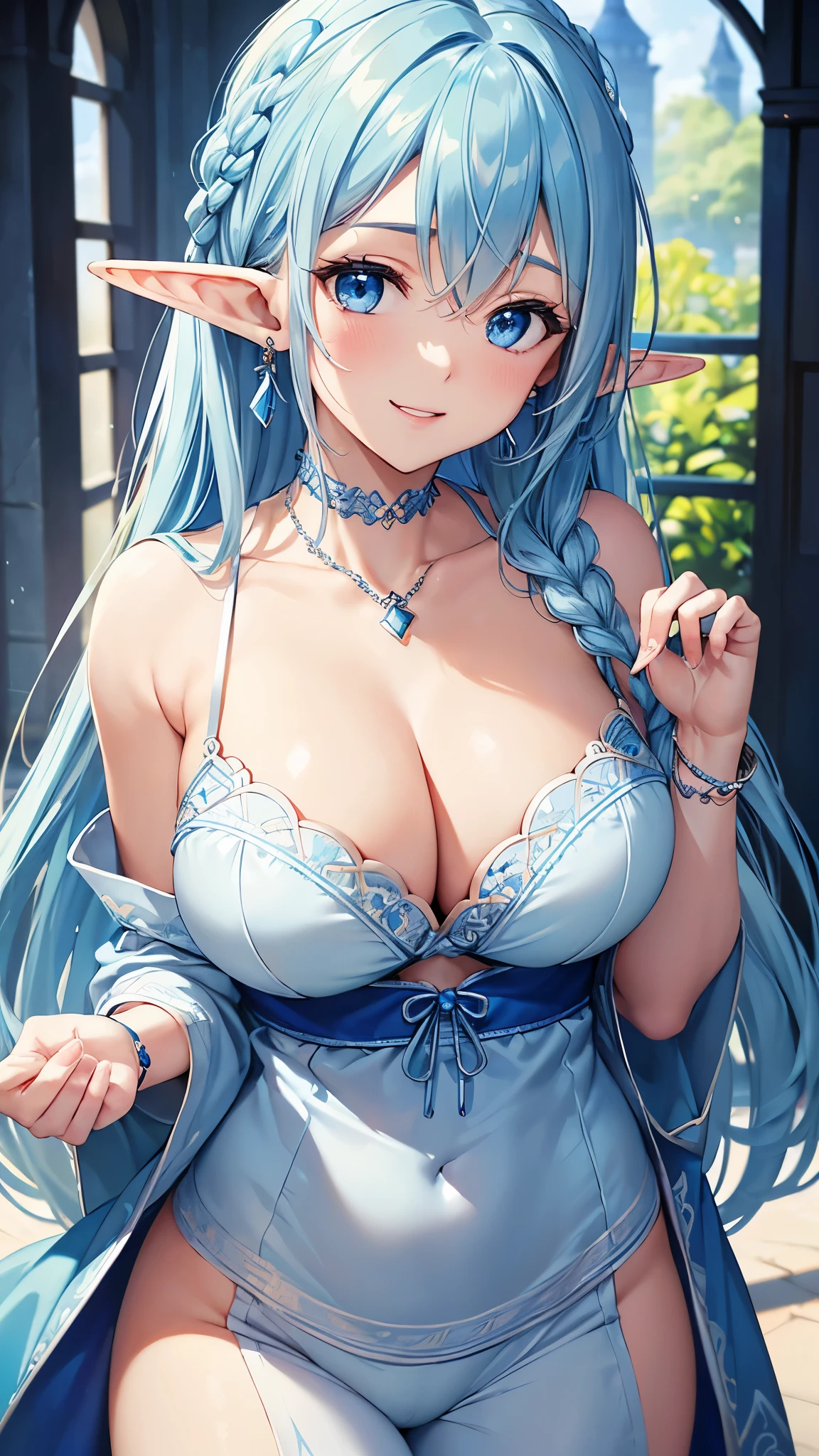 Highest quality、Highest quality、masterpiece、(8k resolution),beauty(Age 25)、(Mature Appearance)、Light blue long hair(Braiding of the sides)、blue eyes、(Light blue underwear with detailed embroidery)、(Elf)、Big cleavage、((Very large breasts))、smile、blue necklace、Blue Earrings、background(ice)、Please open your mouth wide、bracelet、Dynamic pose、Blue choker、