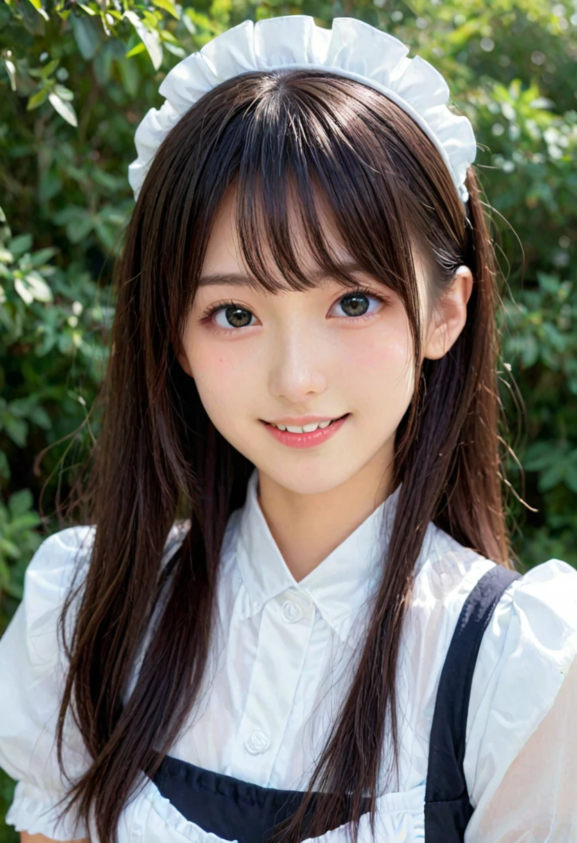 score_9, score_8_up, score_7_up, 1girl, japanese girl, cute, kawaii, beautiful face, perfect face, perfect body, light smile, maid, maid suits, black pleated skirt, detailed eyes, shiny skin, standing, medium breasts, skinny, upper body, depth of field, simple background, outdoors, looking at viewer, jpn-girl, extremely detailed