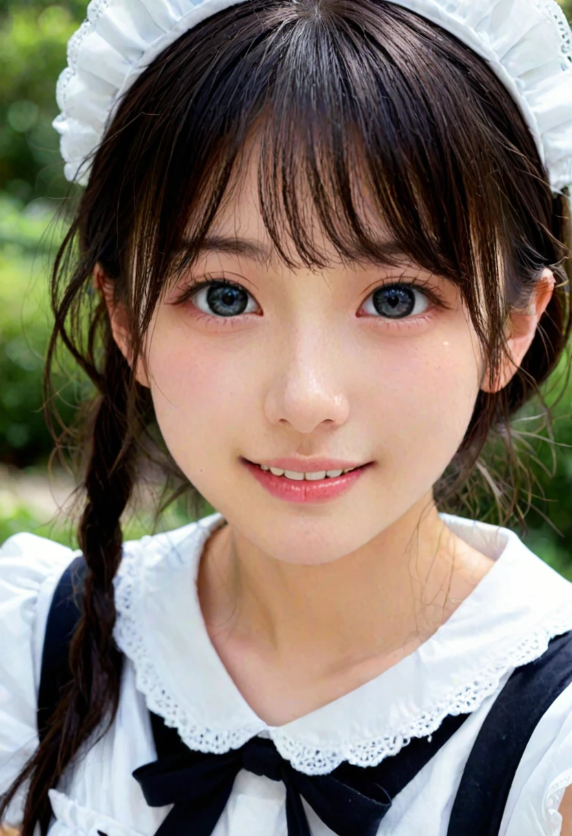 score_9, score_8_up, score_7_up, 1girl, japanese girl, cute, kawaii, beautiful face, perfect face, perfect body, smile, maid, maid suits, detailed eyes, shiny skin, standing, medium breasts, skinny, upper body, face focus, close-up, depth of field, simple background, outdoors, looking at viewer, jpn-girl, extremely detailed