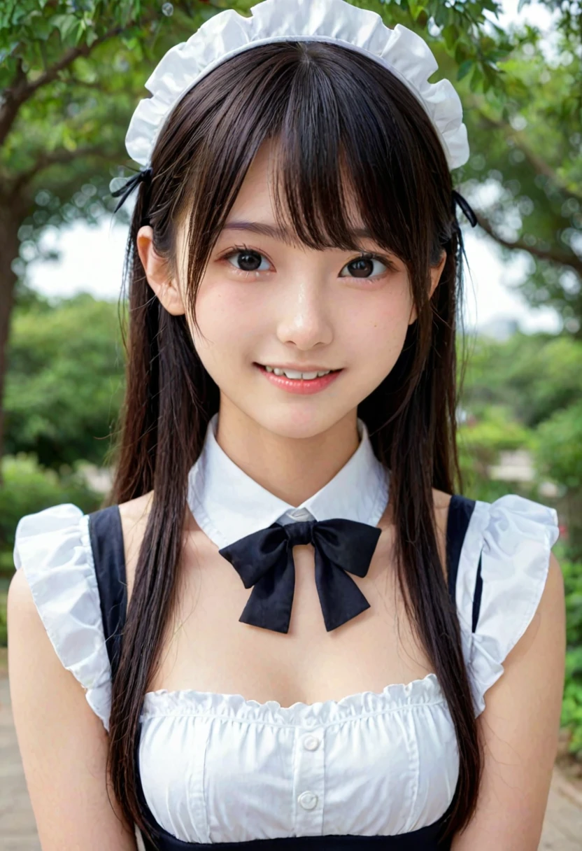 score_9, score_8_up, score_7_up, 1girl, japanese girl, cute, kawaii, beautiful face, perfect face, perfect body, light smile, maid, maid suits, black pleated skirt, detailed eyes, shiny skin, standing, medium breasts, skinny, upper body, depth of field, simple background, outdoors, looking at viewer, jpn-girl, extremely detailed