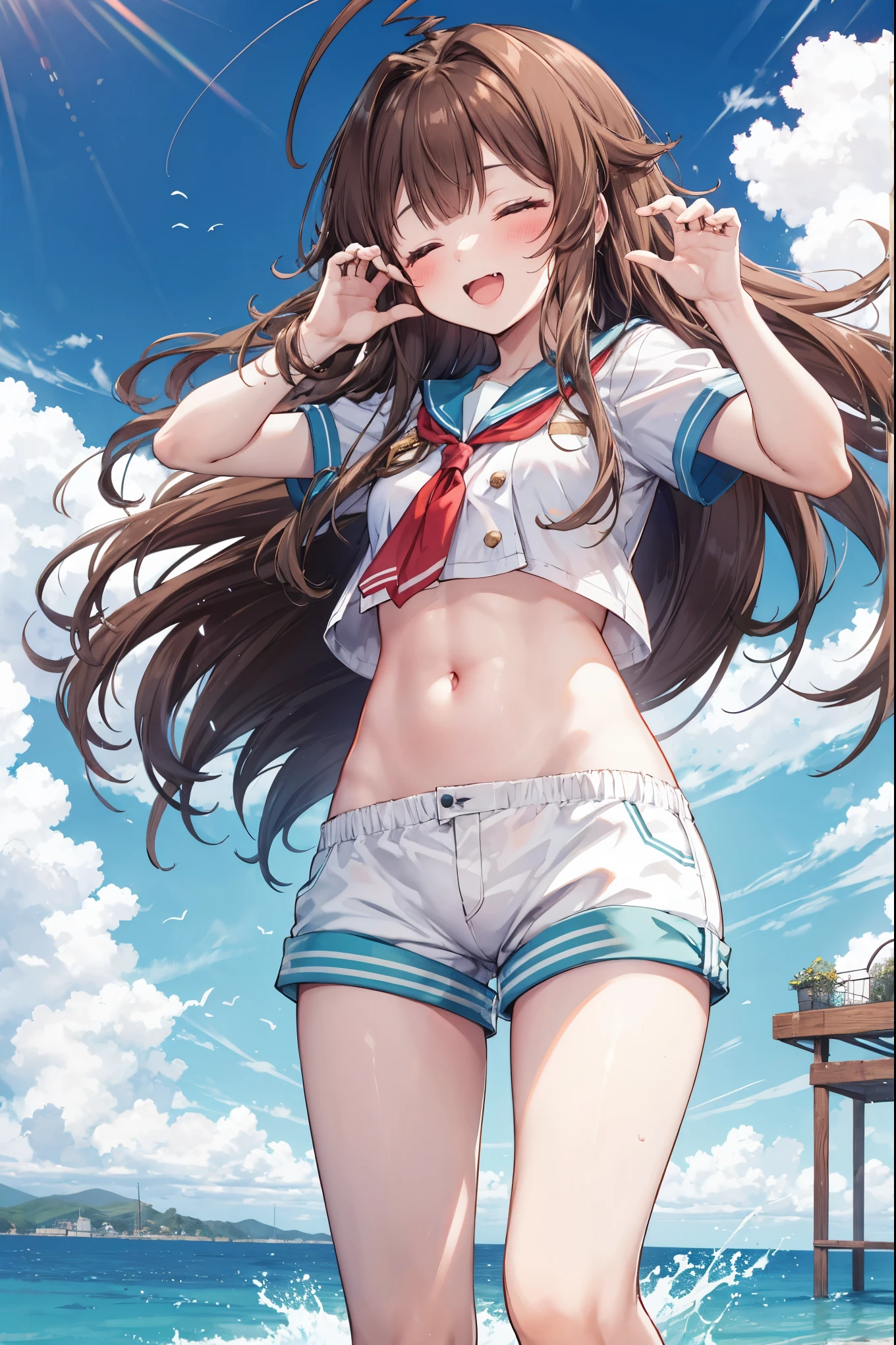 1young__ girl,  brown_hair, long_hair, sailor_uniform,white_ baggy_shorts, short_sleeve, thighs, small_breasts, big_smile, open_mouth, fang, harbor_landscape_background, slightly_spread_legs, happiness, covered_crotch,ahoge,XD,exciting_posing,closed_eyes