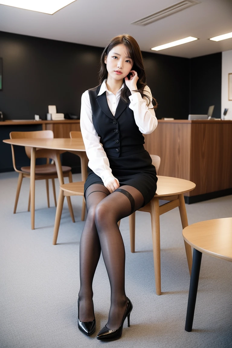（Anatomically correct:1.5)，(Highest quality:1.5),  (Delicate face:1.5), (Pretty face:1.5), Full Body Shot，Natural light，Slim figure，office女士，White collared shirt，black skirt，(High heels:1.3)，(curl:1.2)，(black_pantyhose:1.2)，Lovely，smile，blush，Sit at the table，office