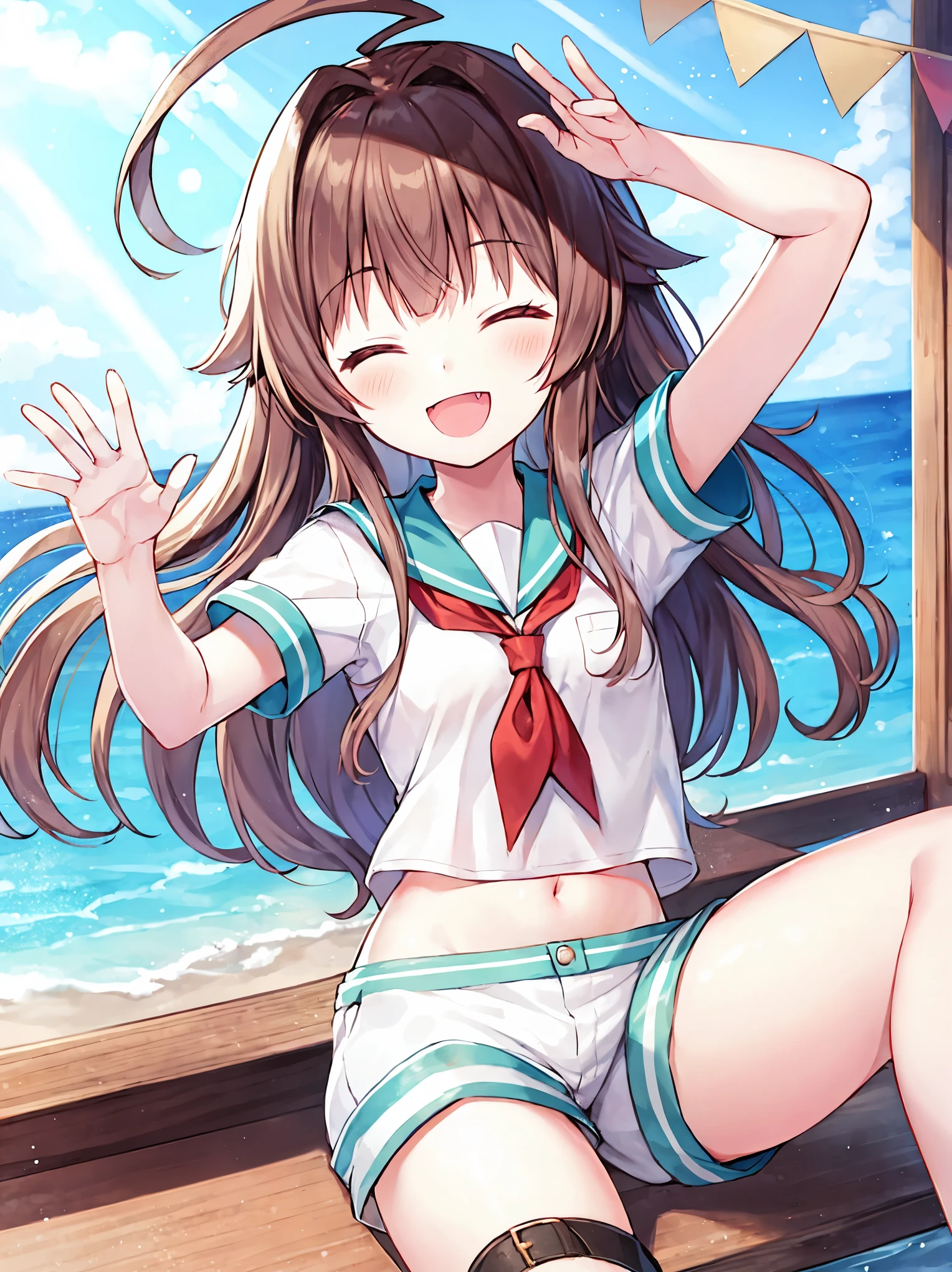 1young_teen_ girl,  brown_hair, long_hair, sailor_uniform,white_ baggy_shorts, short_sleeve, thighs, small_breasts, big_smile, open_mouth, fang, harbor_landscape_background, slightly_spread_legs, happiness, covered_crotch,ahoge,XD,exciting_posing,closed_eyes