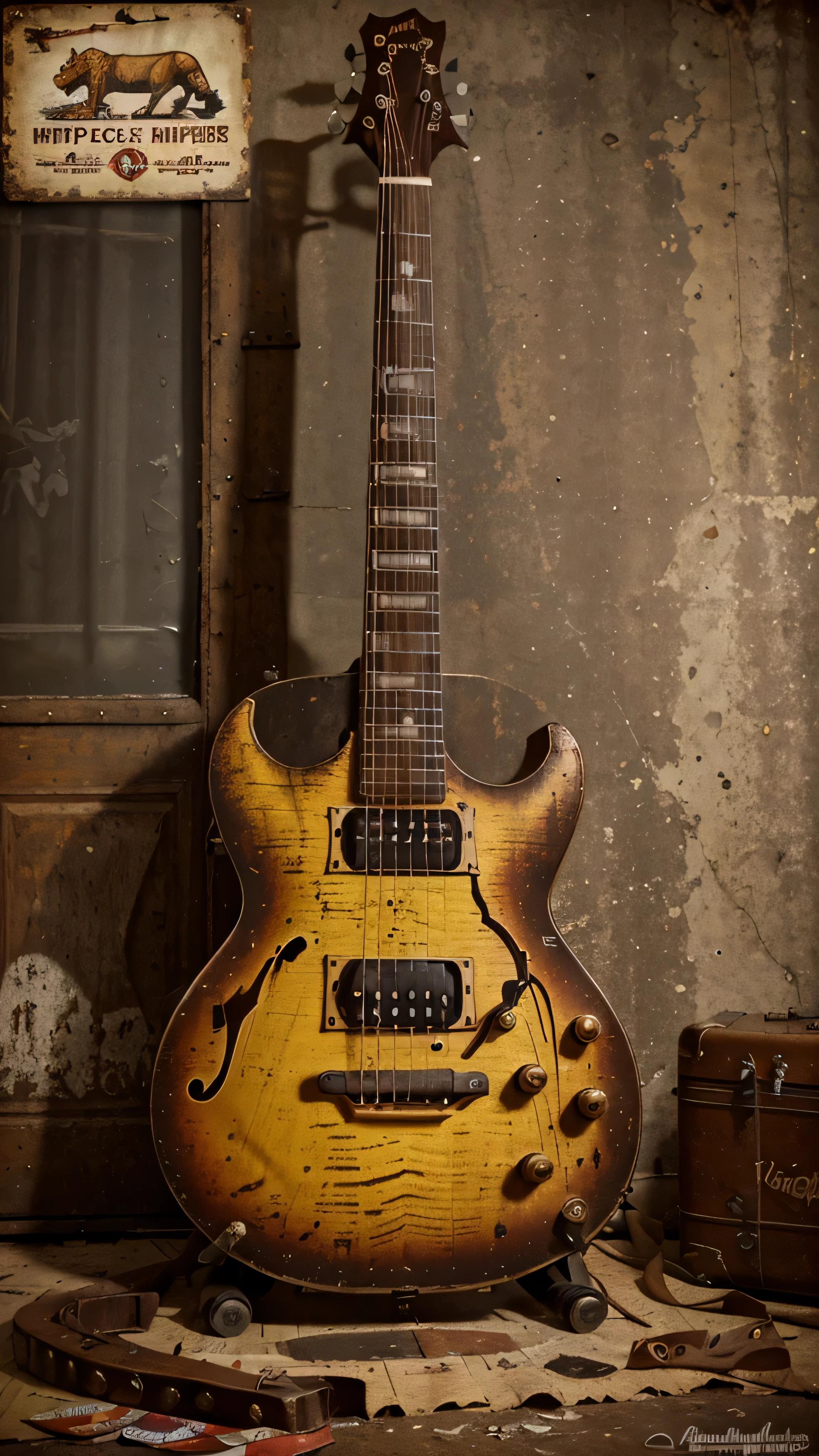 
“Vintage poster, guitar, in the style of rustic simplicity, courageous reporting, kombuchapunk, rusty debris, hyper-realistic animal illustrations, red and amber, wide angle lens.”
