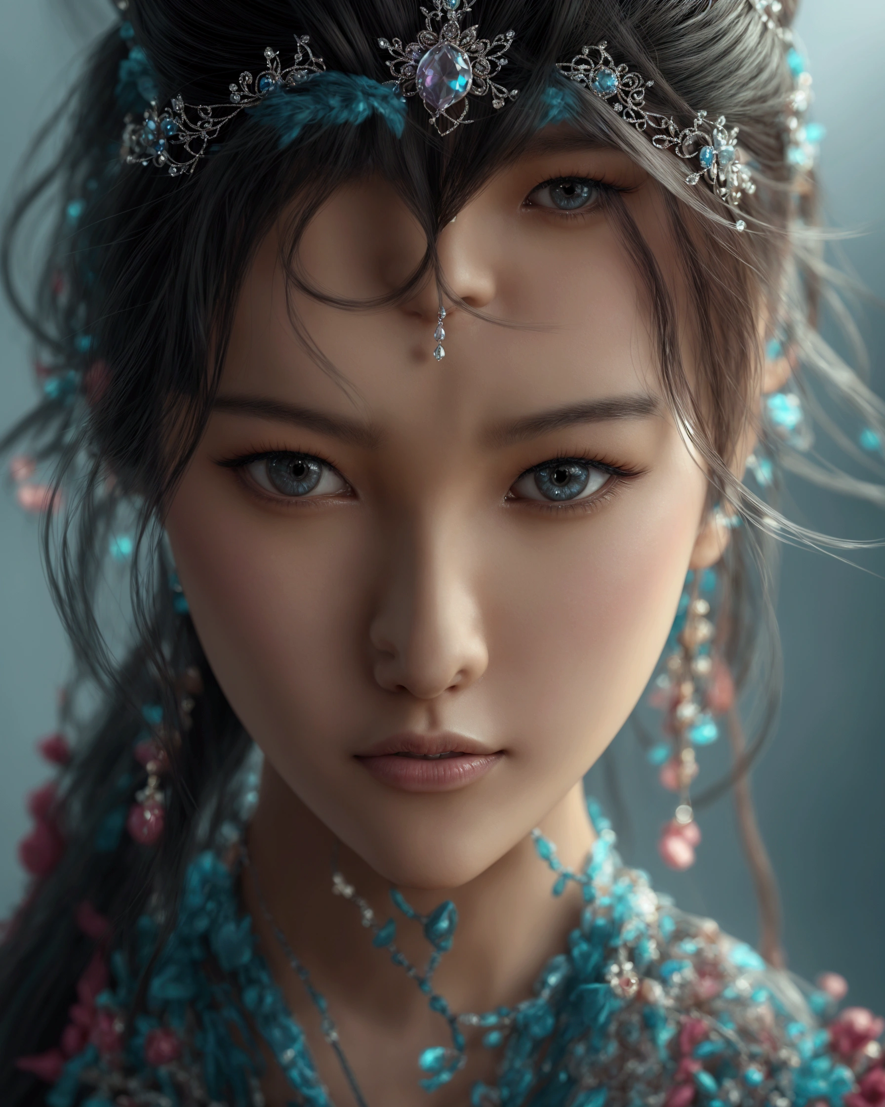 Close-up of a woman wearing a tiara and necklace, 3D Rendering Character Art 8k, 4k highly detailed digital art, 8K portrait rendering, 8k stunning artwork, Soft portrait shots 8 k, Beautiful digital artwork, Facial details of an Asian girl, 8k high quality detailed art, Complicated, Chinese Girl, Beautiful fantasy portrait