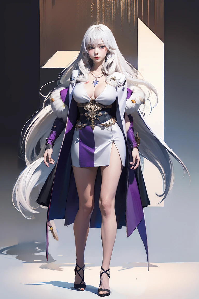 ((woman with tattoo on chest)), girl, ((long white hair with bangs,, Black strands of hair)), Purple eyes, White T-shirt and white cape, Pendant around the neck. 超High resolution.Realistic. 超High resolution.Realistic:1.4,超High resolution. Realistic，High resolutionで, masterpiece, Highest quality, Very detailed, Better Shadows, Volumetric lighting), super high quality, High resolution, 8k, 超Realisticな肖像画 , Realistic, Dynamic Lighting, Volumetric lighting, Very detailed顔,(Browsing Caution:1.0), Full Body Stand Posture, Thin legs, ((Large Breasts)), Detailed facial details, Natural and beautiful standing posture,