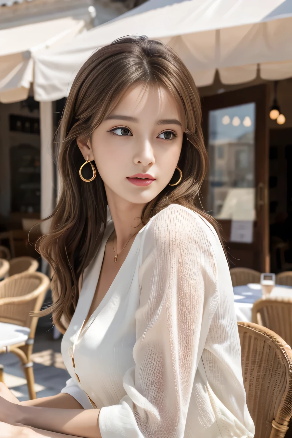 masterpiece, Highest quality, Realistic, Very detailed, Finer details, High resolution, 8k wallpaper, One beautiful woman,Wear a nice blouse, On the terrace of a lovely cafe, at noon, Light brown messy hair, Perfect dynamic composition, Beautiful and beautiful eyes、Big earrings、