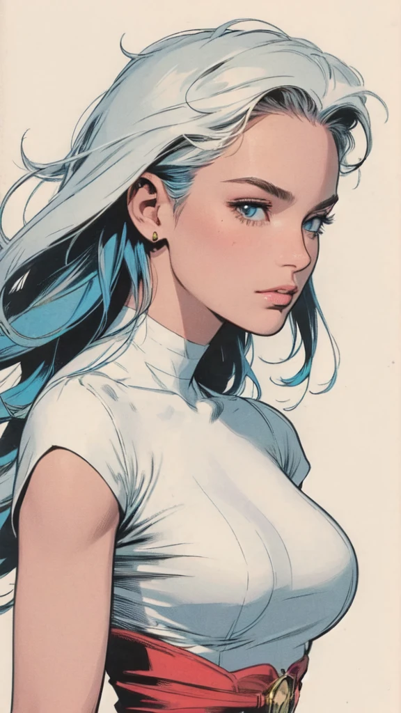 masterpiece,extremely beautiful woman,Excellent sense,(((perfect very white background))),American Comics,(((The Perfect One Woman))),(((one person))),colorful,Highly detailed perfect upper body,highly detailed face,near future,SF,