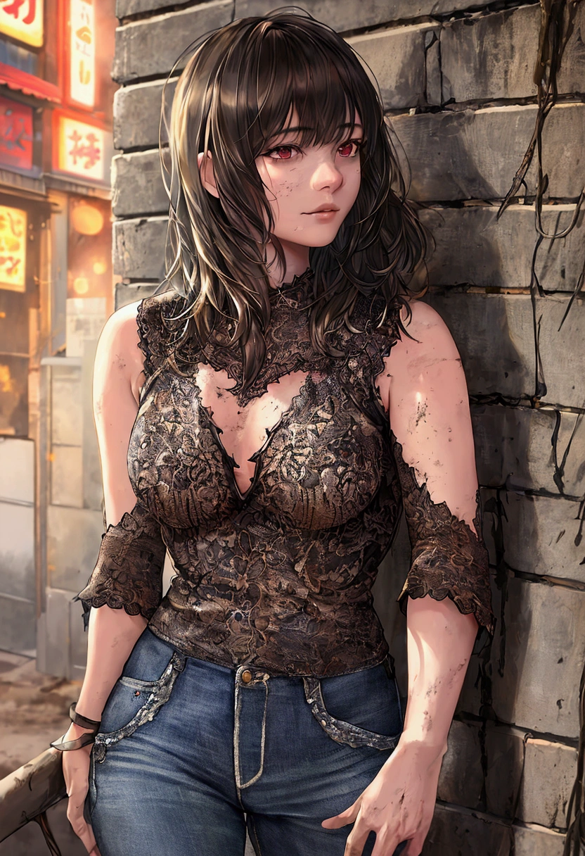 blunt bangs、(Realistic:1.3), In detail, quality, Rembrandt Lighting, (masterpiece:1.2), (photoRealistic:1.2), (best quality), (Detailed skin:1.3), (Intricate details), dramatic, Ray Tracing, One girl, Japanese Girls, 21 years old, Detailed skin texture, (blush:0.5), (It gives me goosebumps:0.5), Scattered beneath the surface, Expressionless, Medium chest, bangs, Hair between the eyes, shirt, jeans, (Leaning against a wall:1.1), Cowboy Shot, Profile photo, cigarette, Glowing cigarette, (Outdoor, dirty, garbage,, (Dark Alley, night, Dark Environment:1.1)),