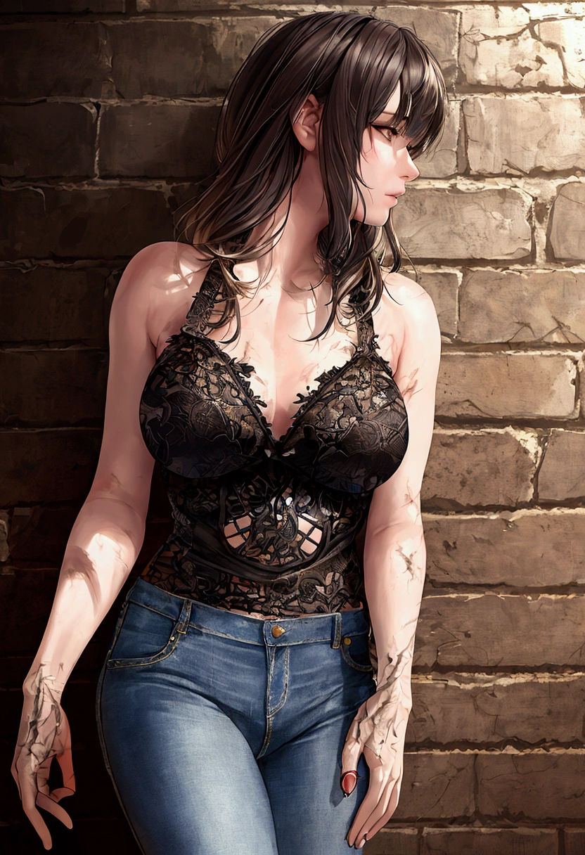 blunt bangs、(Realistic:1.3), In detail, quality, Rembrandt Lighting, (masterpiece:1.2), (photoRealistic:1.2), (best quality), (Detailed skin:1.3), (Intricate details), dramatic, Ray Tracing, One girl, Japanese Girls, 21 years old, Detailed skin texture, (blush:0.5), (It gives me goosebumps:0.5), Scattered beneath the surface, Expressionless, Medium chest, bangs, Hair between the eyes, shirt, jeans, (Leaning against a wall:1.1), Cowboy Shot, Profile photo, cigarette, Glowing cigarette,   (Outdoor, dirty, garbage,, (Dark Alley, night, Dark Environment:1.1)), 