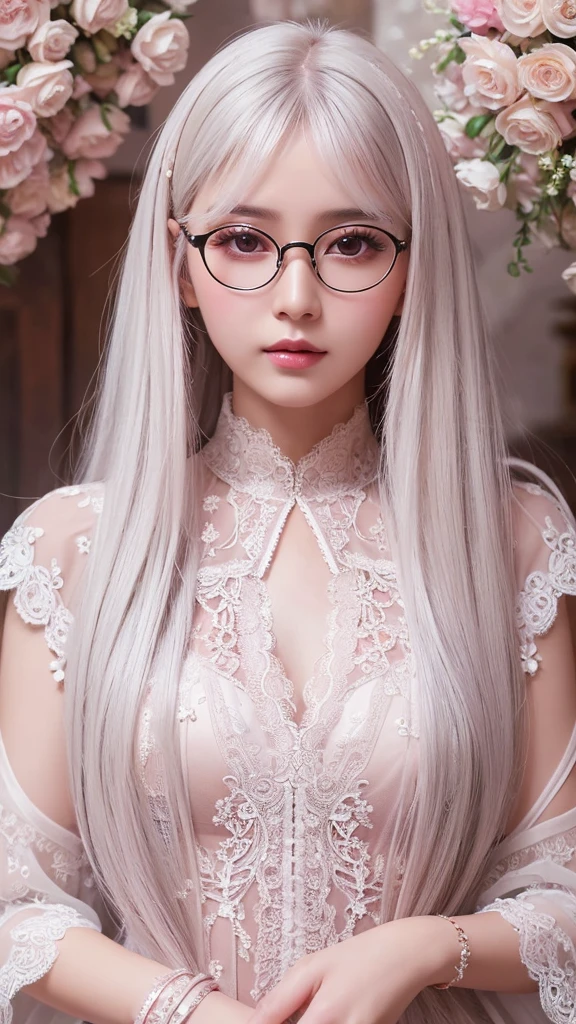 (artwork, best
quality:1.2),long hair,
The eyes are exquisite and
exquisite,Exquisite white hair color,Pink lace suspender dress,
Glossy skin,Dark skin,wear
glasses,pastel tone) ) ),
( (best quality) ),
( (intricate details) ),
( (Surreal) )
