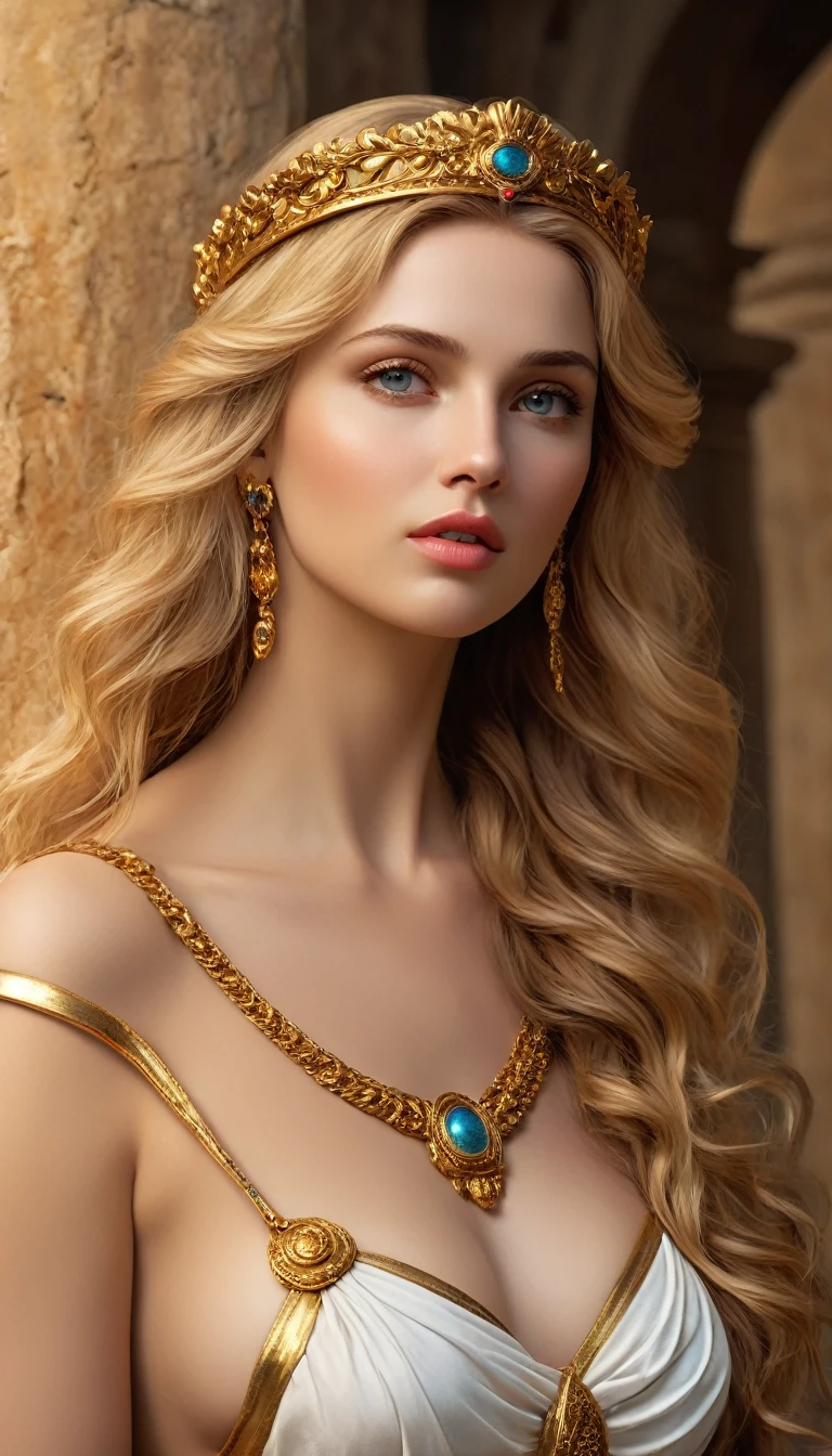 Helen of Troy with Menelaus (best quality,4k,8k,highres,masterpiece:1.2), ultra-detailed, (realistic,photorealistic,photo-realistic:1.37), portraits, HDR, Greek mythology, beautiful goddess Venus portrait, perfect DNA, detailed eyes, detailed lips, stunning beauty, flowing golden hair, nude, perfect body, perfect nude, graceful pose, enchanting gaze, vibrant colors, soft lighting.(NSFW:1.4)