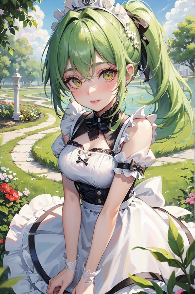 (beautiful style), (pov, solo:2, 15 yo), (beautiful detailed ponytail) (beautiful detailed green hair long hair) (best fighter cute girl, best sexy yellow eyes, glossy lip, best grow love smile, blushing face, medium tits), in a immensely beautiful summer maid dress, break, in the beautiful enchanted garden, background beautiful summer sky, BREAK, perfect anatomy, masterpiece, best quality, beautiful detailed pastel color, daydreaming expression.