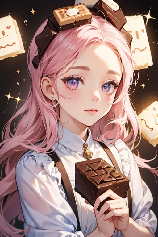 Sasha S'mores is a pale, square marshmallow square Num with two layers of filling, one chocolate and the other marshmallow. She is winking with her right eye and wears a pale pink bow on her head. SPARKLE; GLITTER
