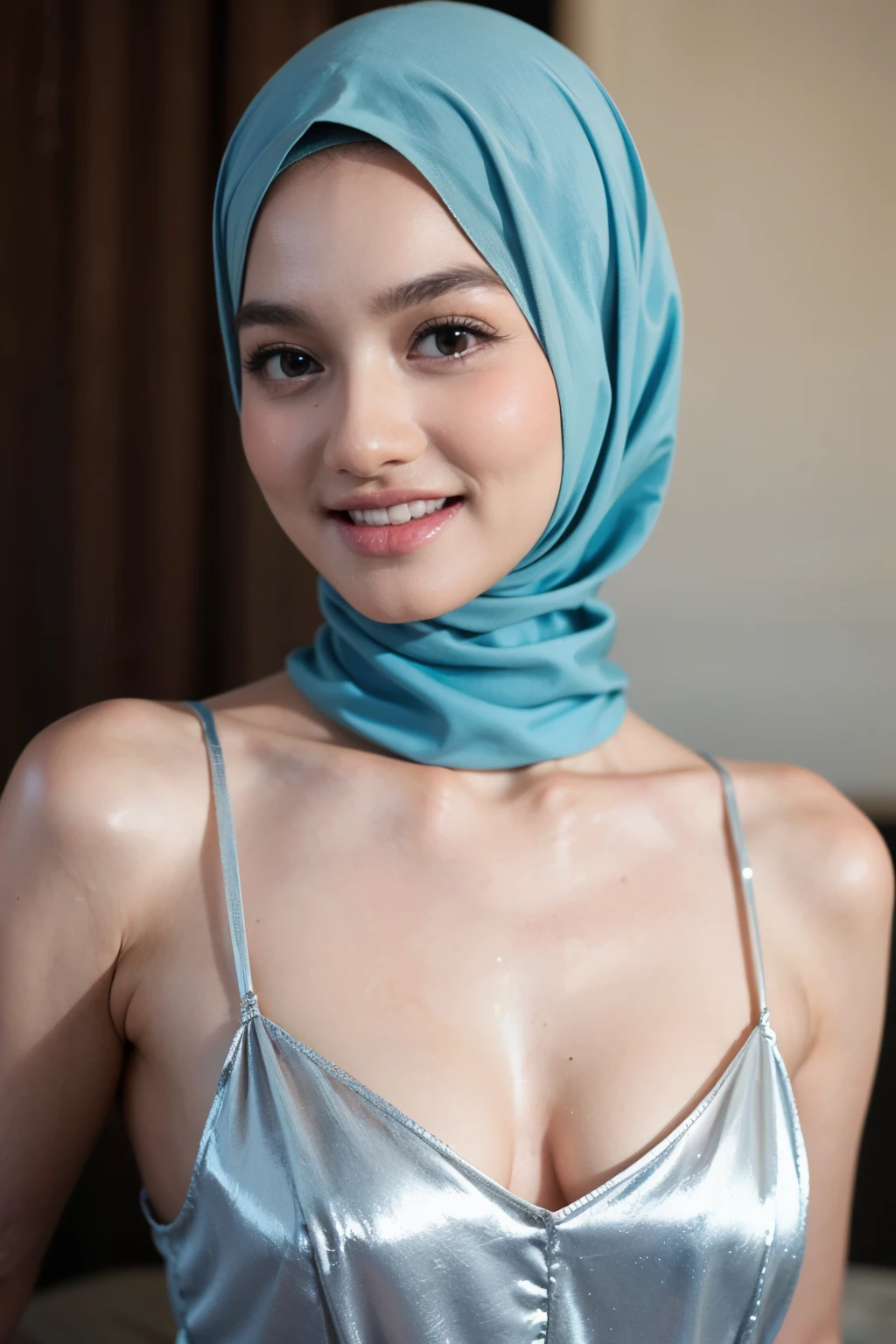 ((Skinny :1.6)), ((((HALF BODY  PORTRAIT)))), Naked, (((VERY SHINY SKIN))), Very cute like a *********, ((Stylish Hijab)), adorable, 1 girl, ************, **** face, shy, half body portrait,smile,  (face details: 1), (eye details: 1), ((round large breasts, cleavage)). Cute posed. proportional body. Ultra High Res. (realistic: 1.9), UHD, ((SHINY SKIN :1.5)), ((V-neck ice silk suspender nightdress)),