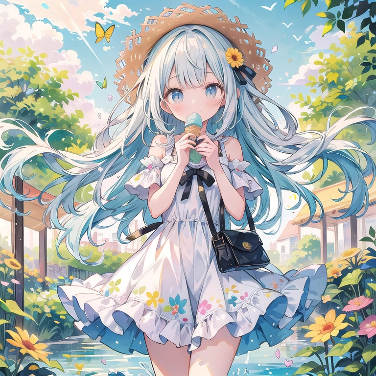 "Create a soft, dreamy watercolor-style illustration of an adorable girl wearing the latest trendy summer outfit, capturing the essence of warmth, joy, and ethereal beauty. The scene should evoke a sense of playfulness, relaxation, and gentle charm:
Character:
A charming young girl with large, expressive eyes that sparkle with excitement and joy.
Her hair is styled in loose, flowing waves or a playful braid, with a few loose strands gently framing her face.
She has a sweet, radiant smile that adds to her endearing presence.
Outfit:
The girl is wearing the latest trendy summer outfit, which could include a flowy sundress with floral patterns, a cute crop top paired with high-waisted shorts, or a stylish romper.
The outfit is rendered in soft, flowing watercolor strokes, with delicate patterns of flowers, leaves, or abstract designs in pastel hues.
She accessorizes with a wide-brimmed straw hat adorned with a ribbon, a pair of chic sunglasses, and comfortable sandals.
Action:
The girl is captured in a relaxed, playful pose, perhaps twirling in her dress, enjoying an ice cream cone, or holding a bouquet of wildflowers.
The motion is depicted with flowing brush strokes, creating a sense of lightness and fluidity.
Floating around her are playful elements like butterflies, dandelion seeds, and sparkles of light, enhancing the magical atmosphere of the scene.
Setting:
The background is a whimsical, abstract representation of a sunny summer day, with soft, flowing brush strokes and pastel colors that suggest warmth and tranquility.
Hints of a beach, a blooming garden, or a serene park can be seen in the background, blending seamlessly into the environment.
Subtle watercolor splatters and textures enhance the overall softness and delicacy of the illustration.
Lighting and Effects:
The entire scene is bathed in a soft, golden light, with gentle shadows and highlights that create depth and dimension.
Subtle light beams and particles float through the air, adding depth and mag
