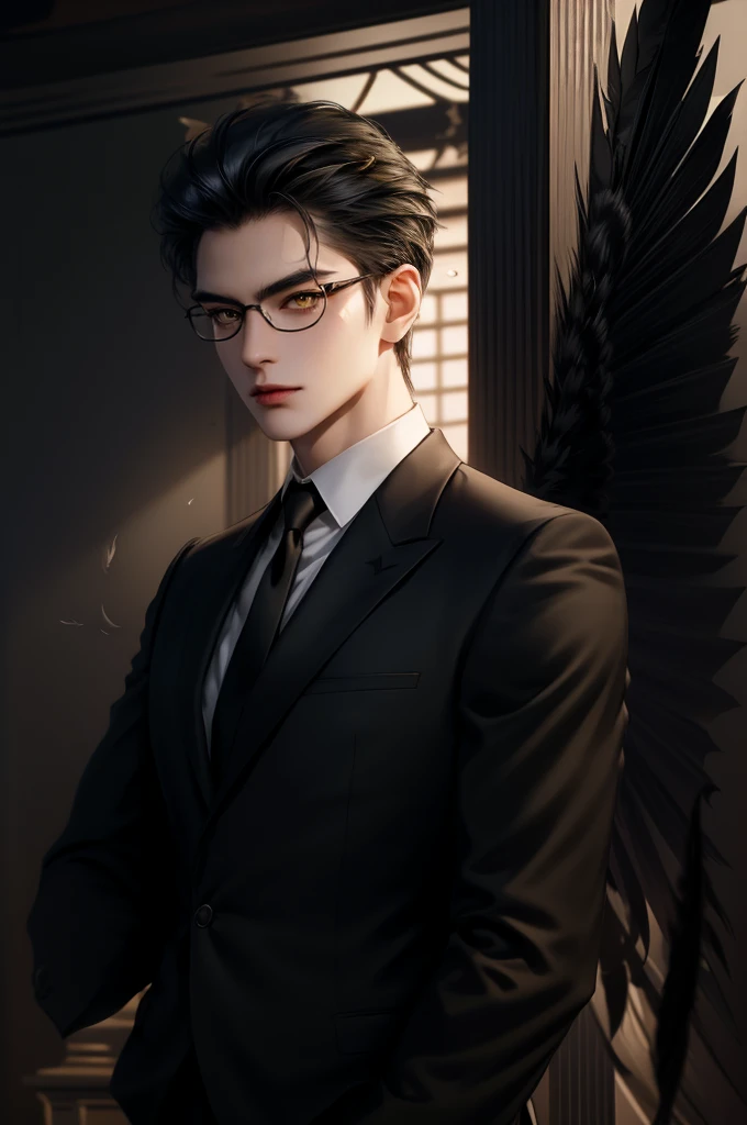 (masterpiece,best quality,ultra_detailed,highres,absurdres) (detailed shadow) (quality light),1 mature male, 21 years old, korean male focus, solo, mid-length black hair, (yellow eyes), ancient temple background, full body, looking at viewer, parted lips, round eyewear, (wearing black suit with tie), (wearing thin glasses), showing a bit of muscles, devilish smirk face, ((has one huge black feather wing))