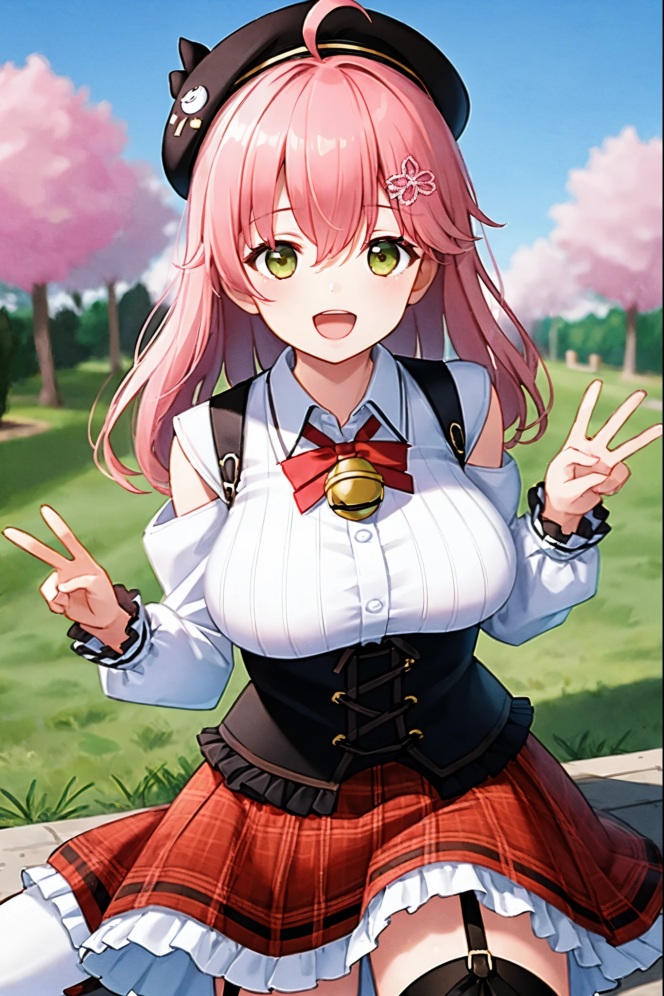 masutepiece, Best_Quality, hight_resolution, miko2,Ponytail, 1girl, Ahoge, black headwear, Hair Ornament, White shirt, black thighhighs, Pink hair, Red_skirt, very_short_skirt, plaid skirts, garter_strap, Collared shirt, hair clips, frilld, Bangs, hair between eye, frills skirt, beret, Pleated skirt, Hair Flower, Neck bell, , puffy long sleeves, Black bow, Underbust, Smile, (large_breasts:1.3),covered_nipples, green_eyes, happy, dynamic_angle,spread_legs,(big_smile:1.2),plump,open_mouth,shout,half_eyes,cherryblossom_park_landscape_background,