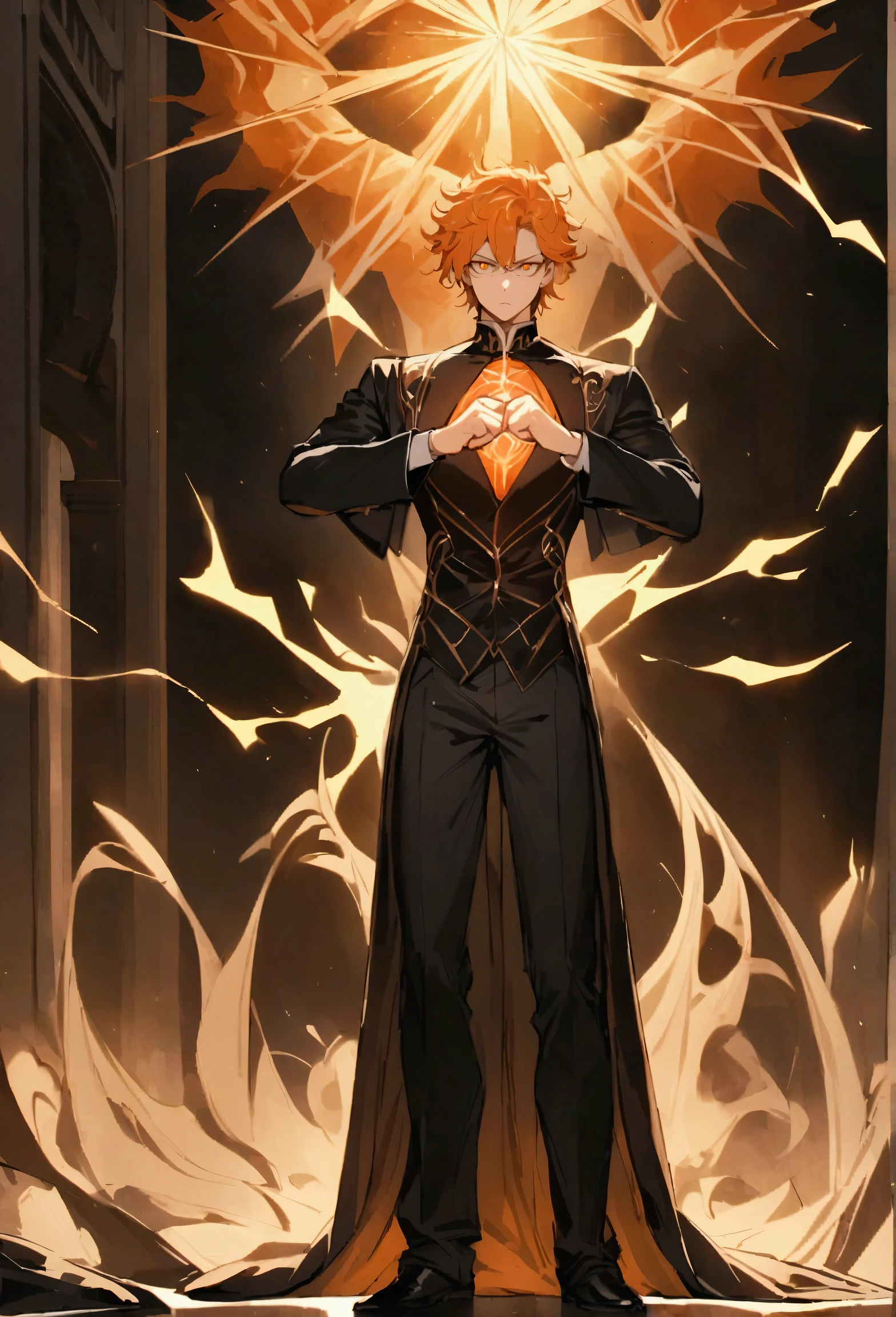 Best Quality,masterpiece,detailed, Boy with orange hair , masculine , short hair, orange white eyes, elegant gabardina negra, young , Black pants, messy hair, ojos extremadamente detaileds , Alone , magic poderosa , elegant , high , strong , stopped , standing , magic  , Whole body , standing , clenched fists
