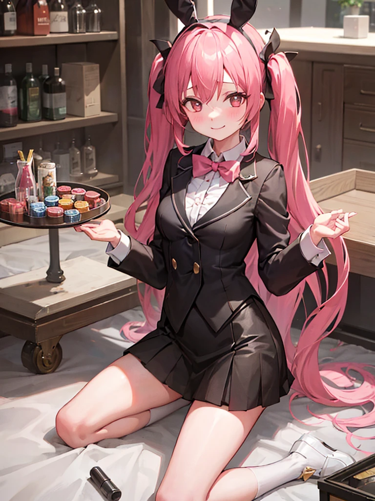 One girl, Pink long twin tails, High resolution, Bunny ears, A shy smile, White Bunny Girl，In the background is a casino with a tray of glasses in one hand.，I&#39;m not wearing glasses