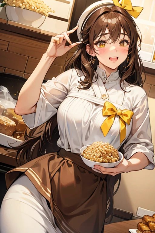 A chocolate brown Num made of crispy rice cereal, sandwiching two layers of thick white cream. She has a large yellow bow between her rounded ears. She is winking her right eye and has a gentle blush. SPARKLE; GLITTER