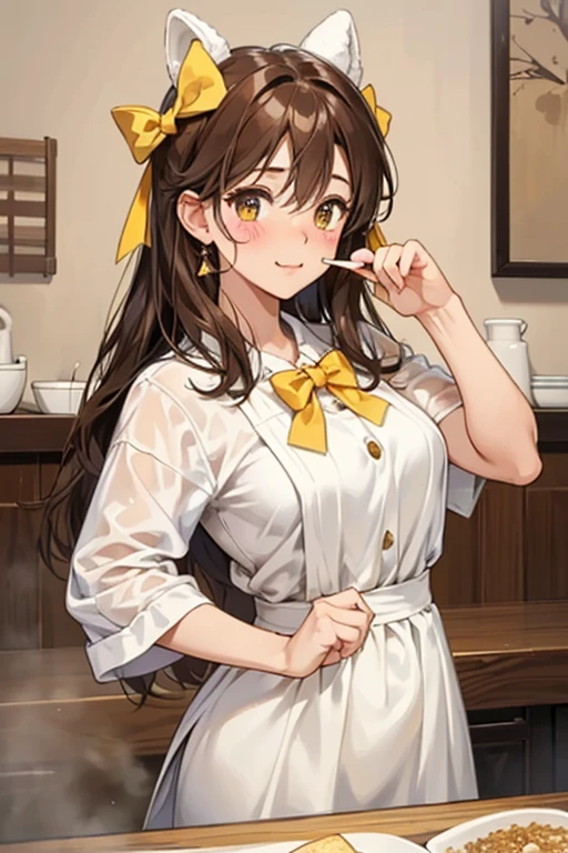 A chocolate brown Num made of crispy rice cereal, sandwiching two layers of thick white cream. She has a large yellow bow between her rounded ears. She is winking her right eye and has a gentle blush. SPARKLE; GLITTER