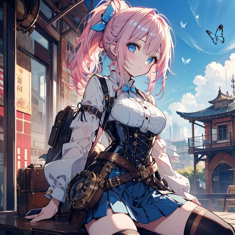 1 girl、Mature、Ample breasts、ponytail、ハイponytail、Pink Hair、Light blue eyes、steampunk outfit、sit、Miniskirt、窓辺にsit、corset、Blue Butterfly、blue sky、Steampunk city、High resolution、Highest quality
