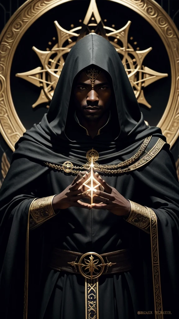 Ser Celestial Therefore. A black celestial being with a human body. He wears a black cloak with gold details and symbols.. He is making magic symbols with his hands.