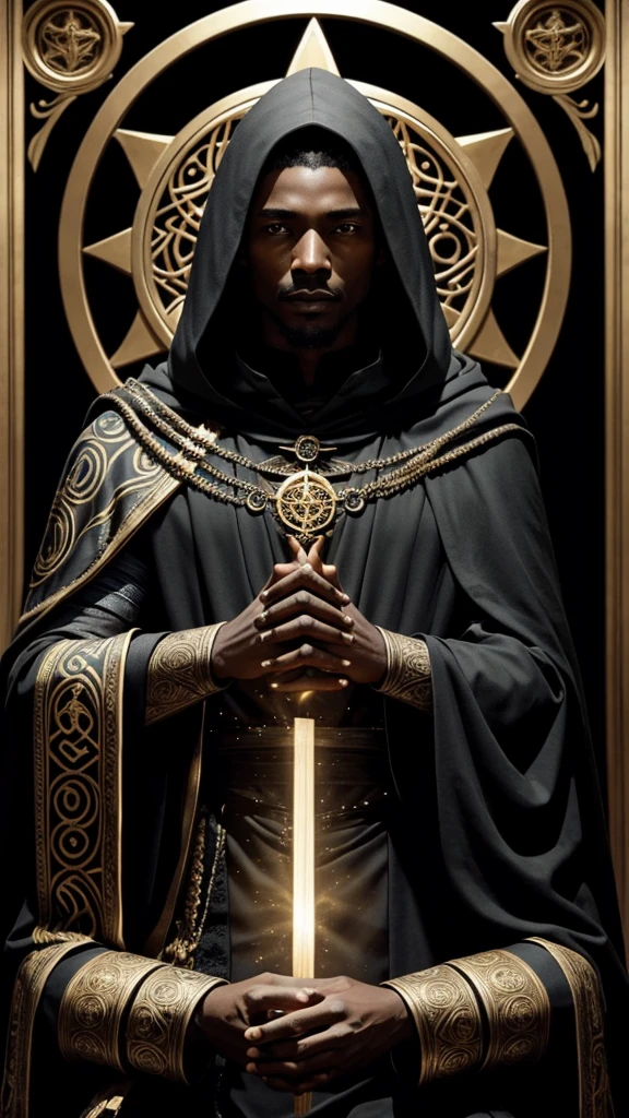 Ser Celestial Therefore. A black celestial being with a human body. He wears a black cloak with gold details and symbols.. He is making magic symbols with his hands.