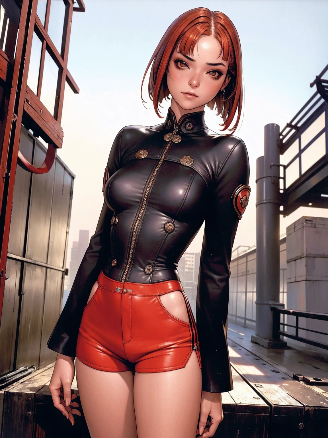 (best qualityer))), (((manga strokes))), (((Ivory bob hair with short straight bangs and red highlights))), (((short shorts with 2 side stripes))), uma Kizi jovem muito bem vestida com roupas modernas de inverno, top gift vertical stripes, short jacket with high collar, beautiful and expressive face, slightly-smile, big eyes with long black eyelashes, heavy make-up, chains and spikes scattered across clothes, contrasting colours, pose de atitude, hair with a modern and futuristic cut, urban game poster art, dramatic camera angles, an abandoned factory with giant weird machines in the background, design mixing contemporary and retro, made by Shepard Fairey, (((cowboy shot))), (((best qualityer: 1.4))), (Unbeatable masterpiece), (hiper HD),(CG 8k hyper-realistic), Kizi, (((standing alone))), pirralha violent, ((())), sexly, pose de atitude, work of art, post-apocalypse, (((manga style))), bounty hunter, violent, Manic, the way you want, slenderbody, thin but strong, perfectbody, roupa moderna, advanced technology, sleeves with vertical striped pattern, intricate visual