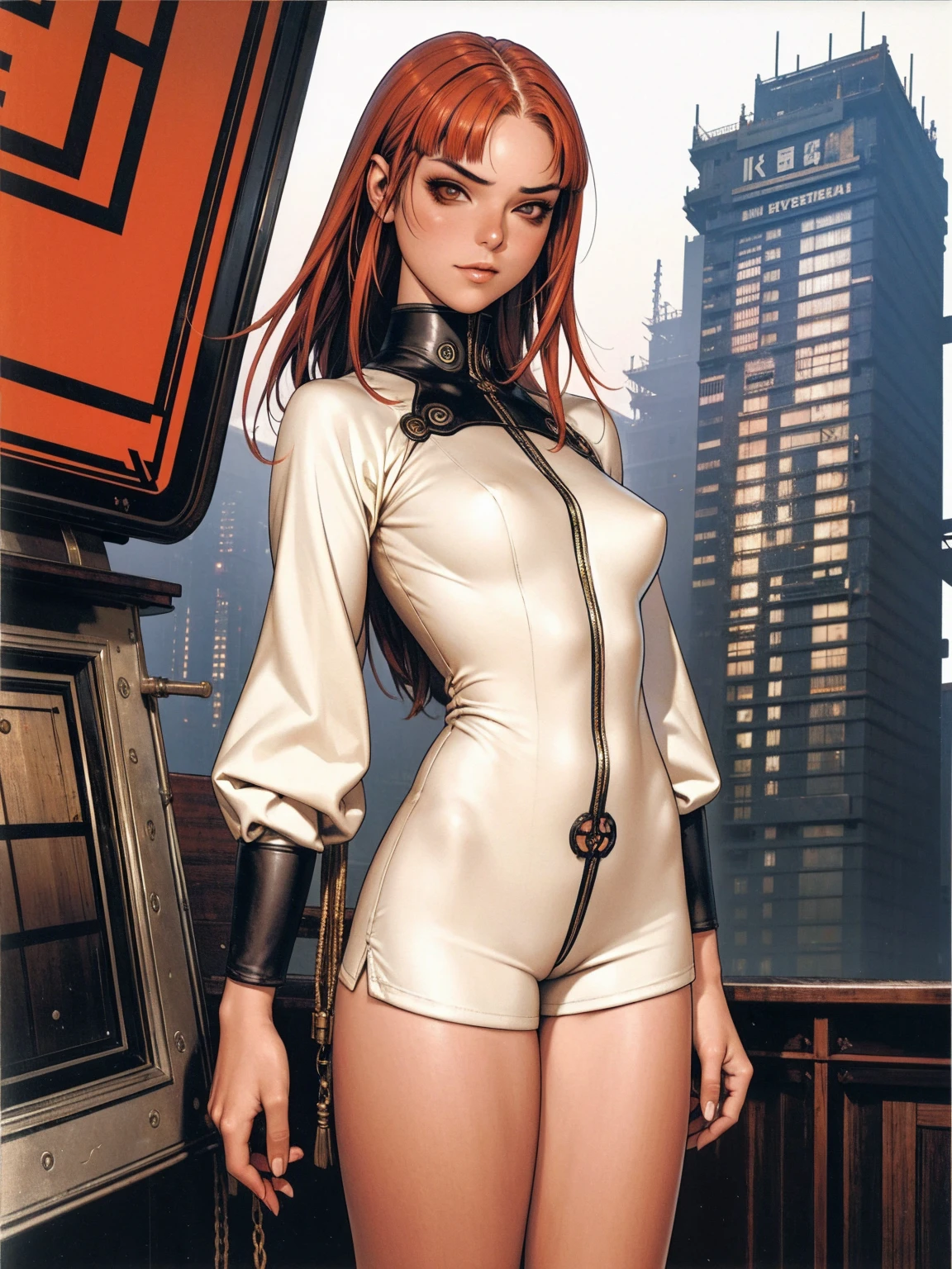 (best qualityer))), (((manga strokes))), (((Ivory bob hair with short straight bangs and red highlights))), (((short shorts with 2 side stripes))), uma Kizi jovem muito bem vestida com roupas modernas de inverno, top gift vertical stripes, short jacket with high collar, beautiful and expressive face, slightly-smile, big eyes with long black eyelashes, heavy make-up, chains and spikes scattered across clothes, contrasting colours, pose de atitude, hair with a modern and futuristic cut, urban game poster art, dramatic camera angles, an abandoned factory with giant weird machines in the background, design mixing contemporary and retro, made by Shepard Fairey, (((cowboy shot))), (((best qualityer: 1.4))), (Unbeatable masterpiece), (hiper HD),(CG 8k hyper-realistic), Kizi, (((standing alone))), pirralha violent, ((())), sexly, pose de atitude, work of art, post-apocalypse, (((manga style))), bounty hunter, violent, Manic, the way you want, slenderbody, thin but strong, perfectbody, roupa moderna, advanced technology, sleeves with vertical striped pattern, intricate visual